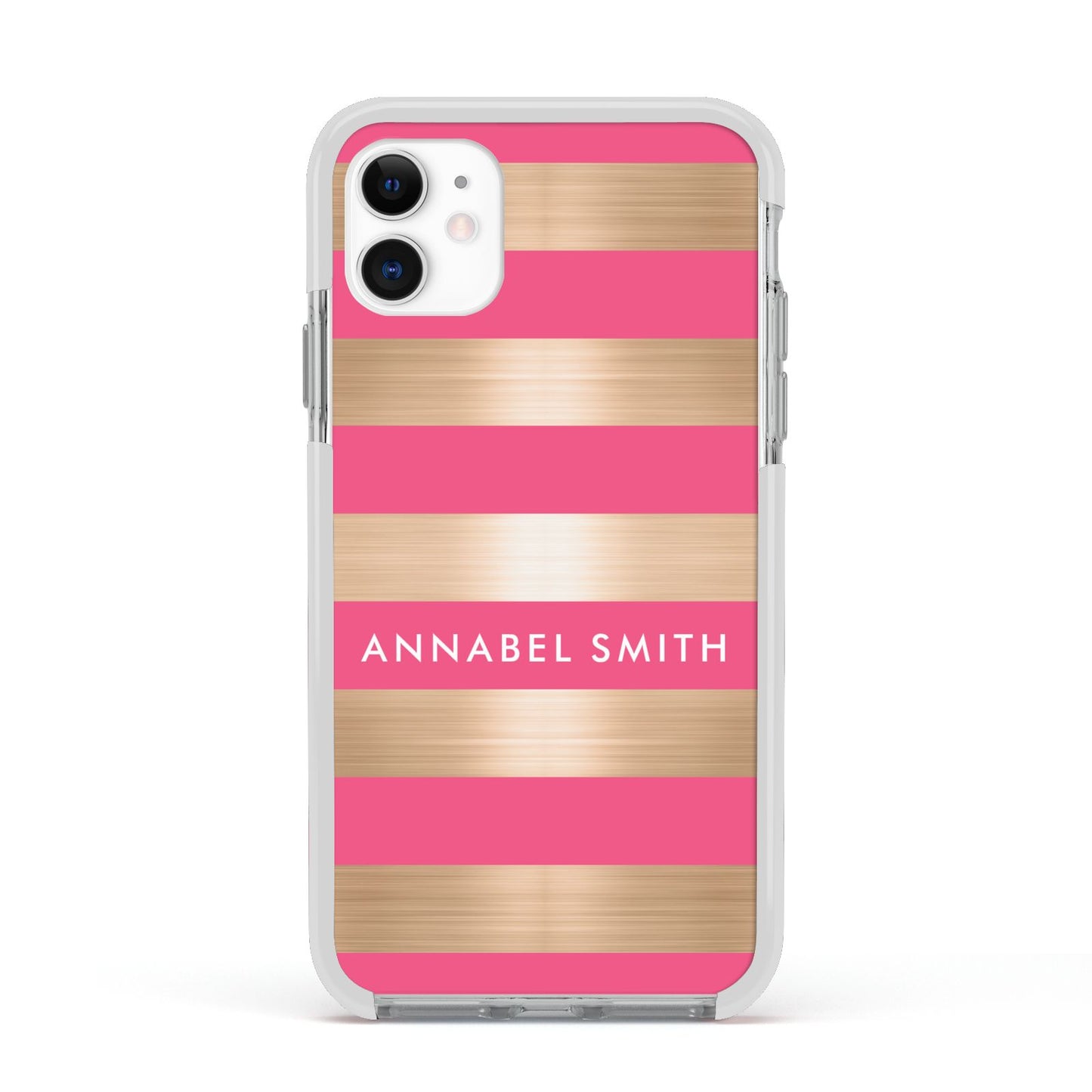 Personalised Gold Pink Stripes Name Initial Apple iPhone 11 in White with White Impact Case