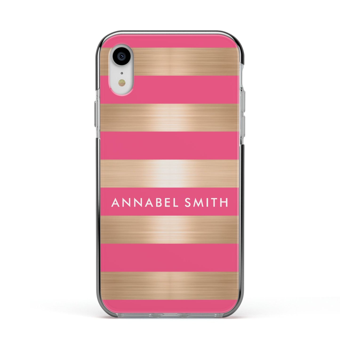 Personalised Gold Pink Stripes Name Initial Apple iPhone XR Impact Case Black Edge on Silver Phone