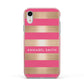 Personalised Gold Pink Stripes Name Initial Apple iPhone XR Impact Case Pink Edge on Silver Phone