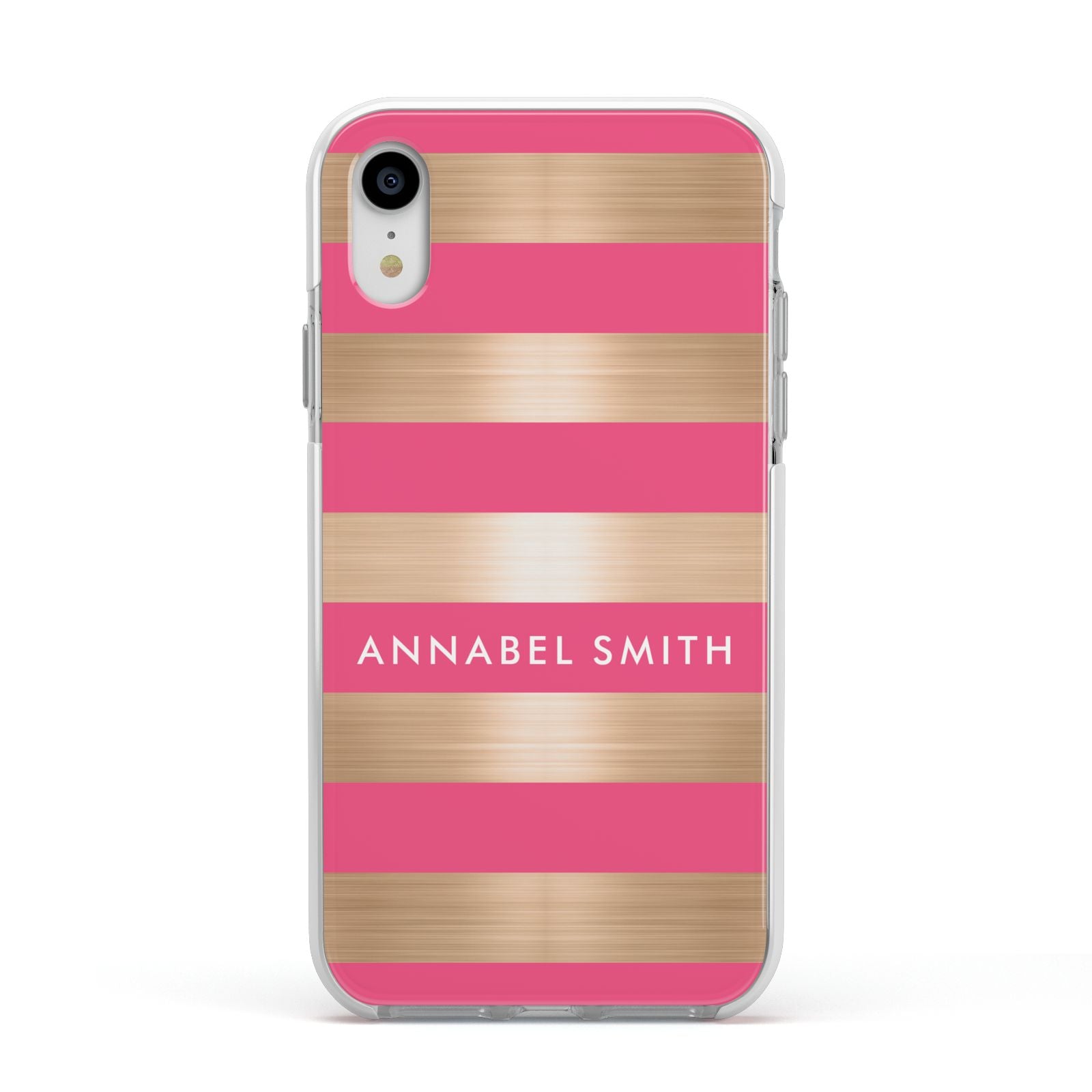 Personalised Gold Pink Stripes Name Initial Apple iPhone XR Impact Case White Edge on Silver Phone