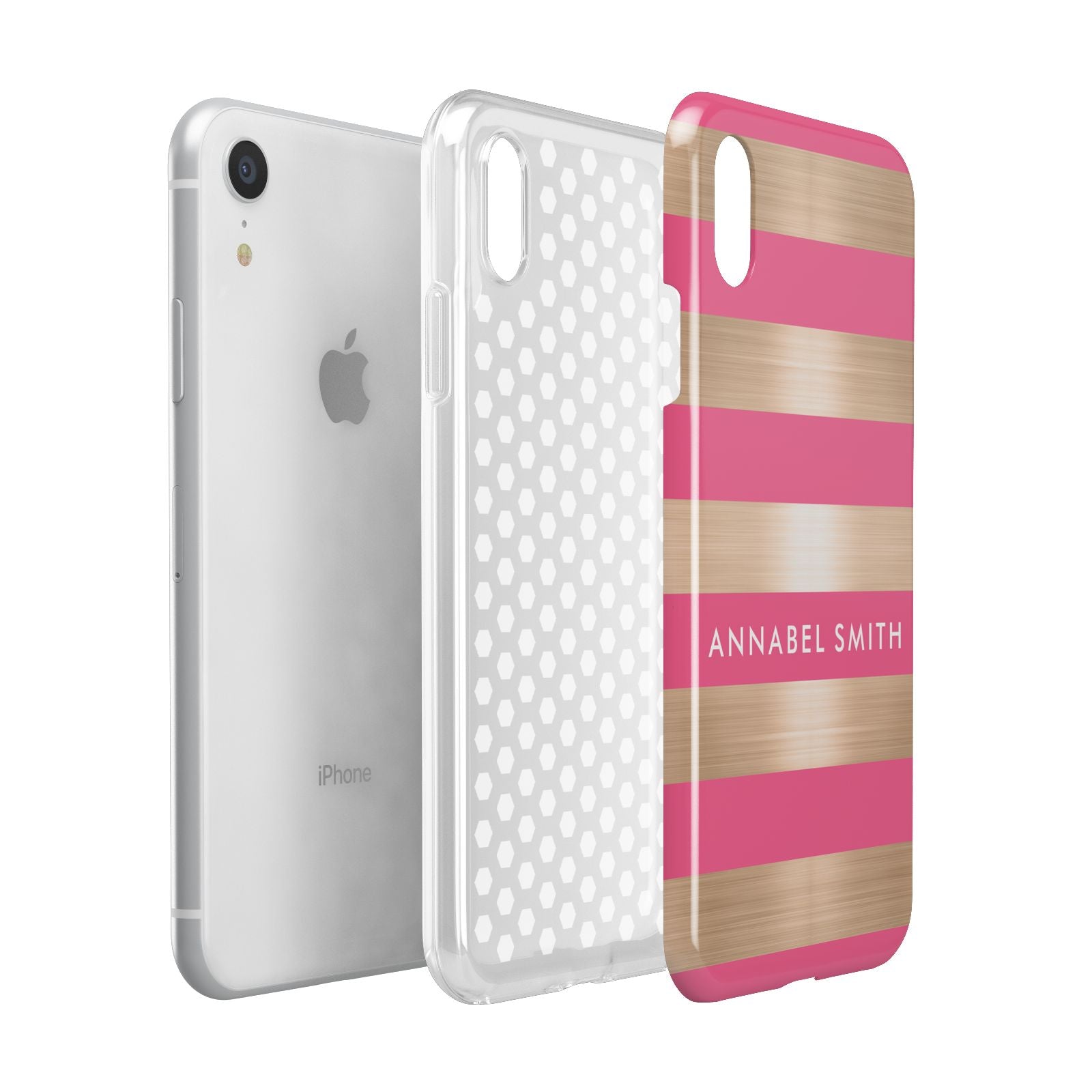 Personalised Gold Pink Stripes Name Initial Apple iPhone XR White 3D Tough Case Expanded view