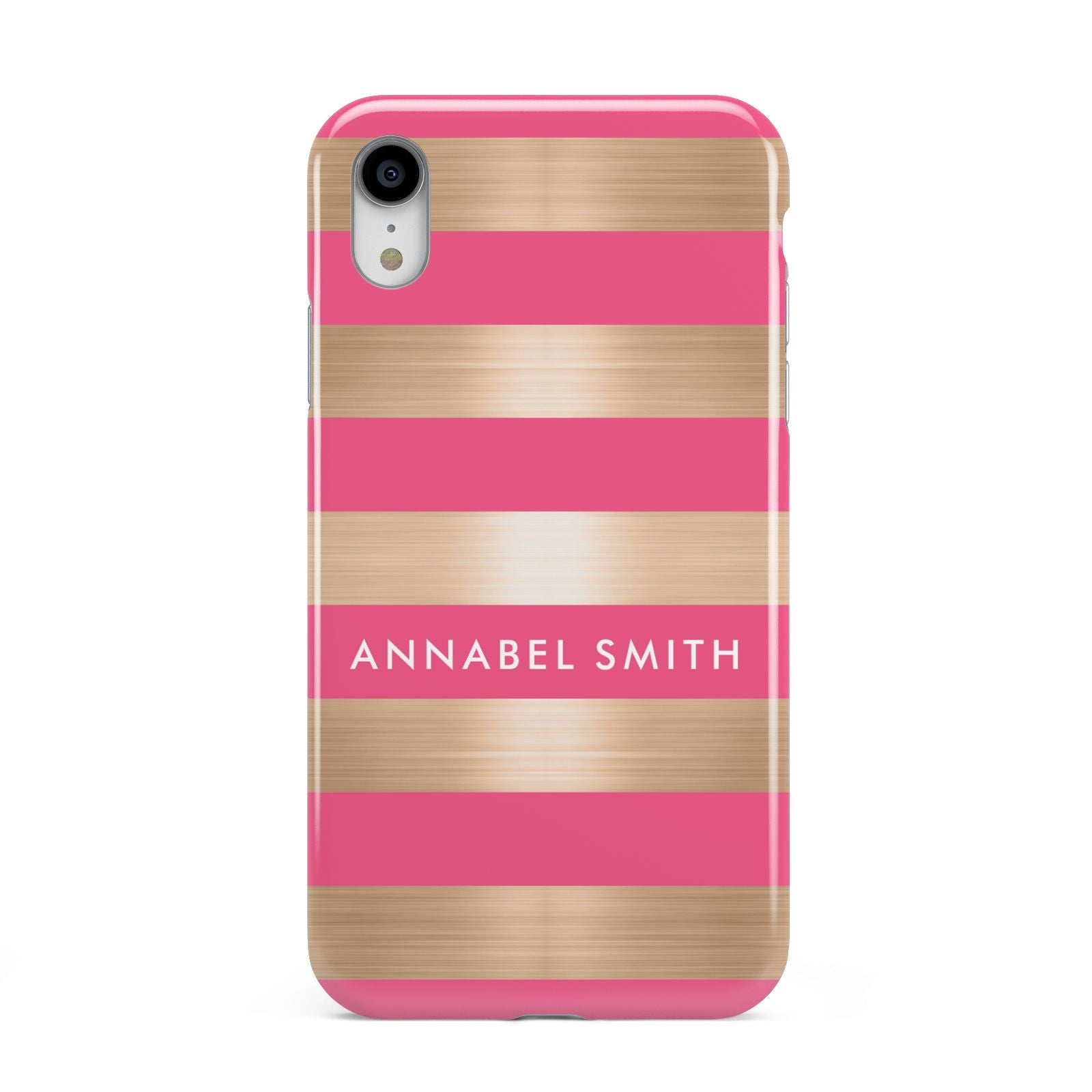 Personalised Gold Pink Stripes Name Initial Apple iPhone XR White 3D Tough Case