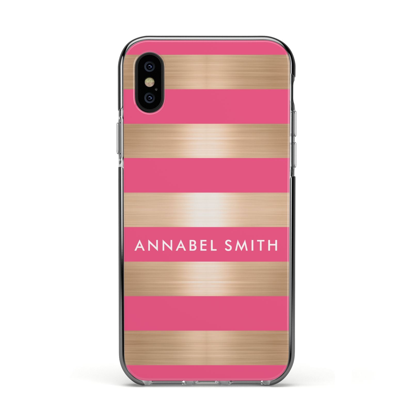Personalised Gold Pink Stripes Name Initial Apple iPhone Xs Impact Case Black Edge on Black Phone