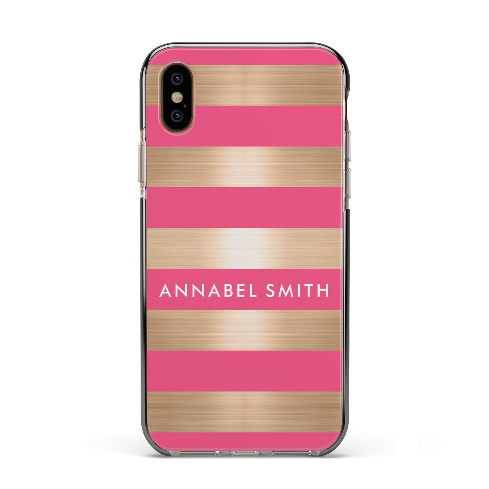 Personalised Gold Pink Stripes Name Initial Apple iPhone Xs Impact Case Black Edge on Gold Phone