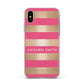 Personalised Gold Pink Stripes Name Initial Apple iPhone Xs Impact Case Pink Edge on Silver Phone