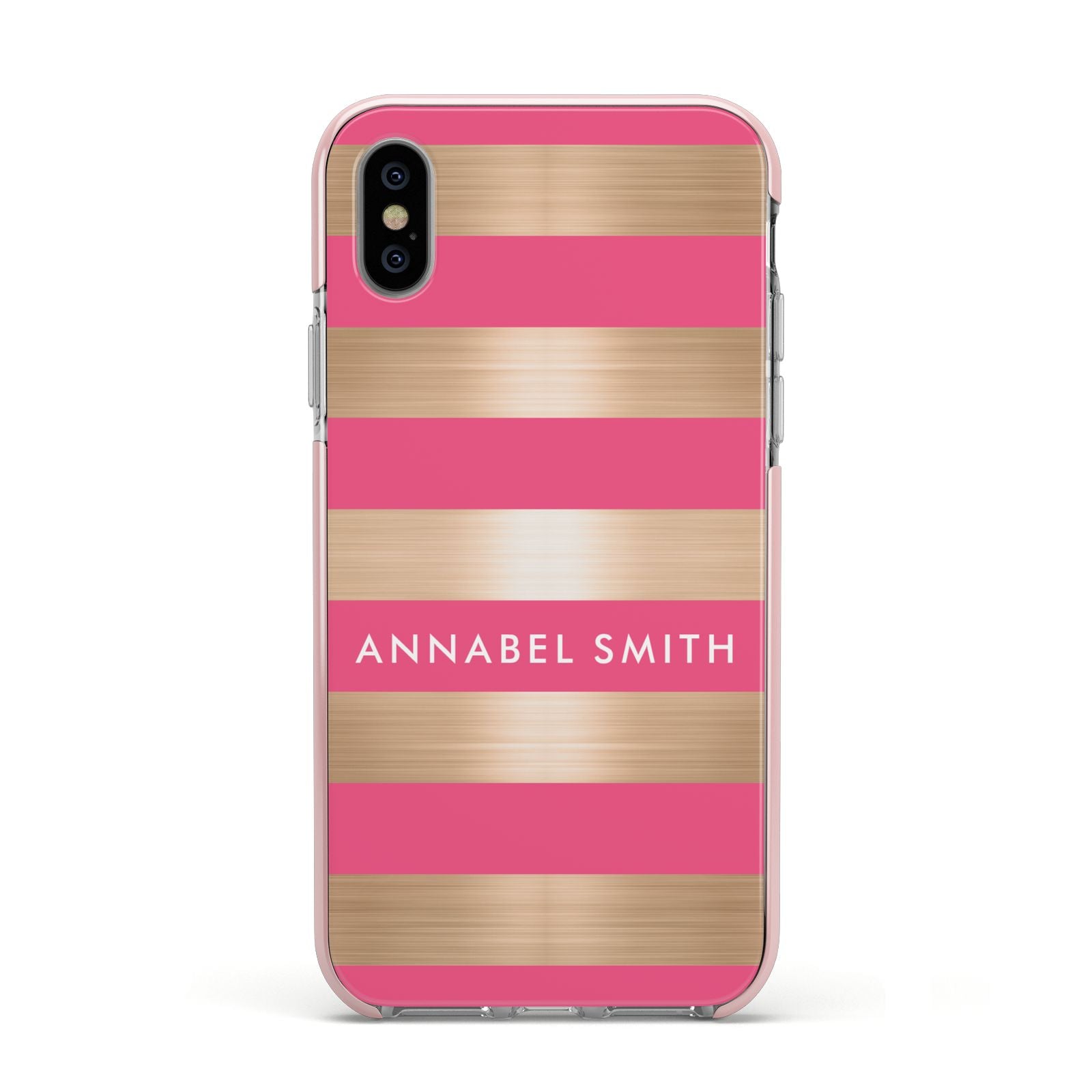 Personalised Gold Pink Stripes Name Initial Apple iPhone Xs Impact Case Pink Edge on Silver Phone