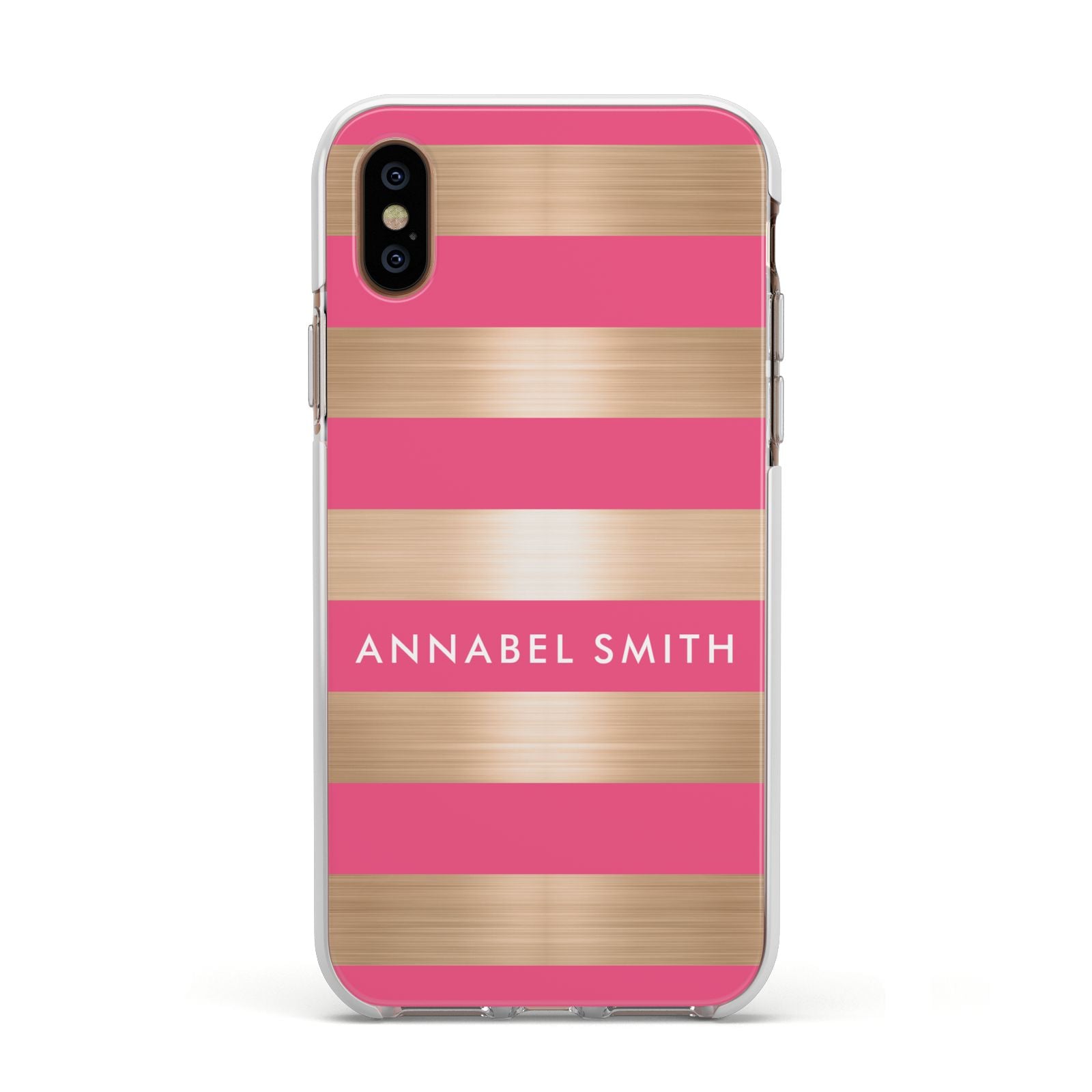 Personalised Gold Pink Stripes Name Initial Apple iPhone Xs Impact Case White Edge on Gold Phone