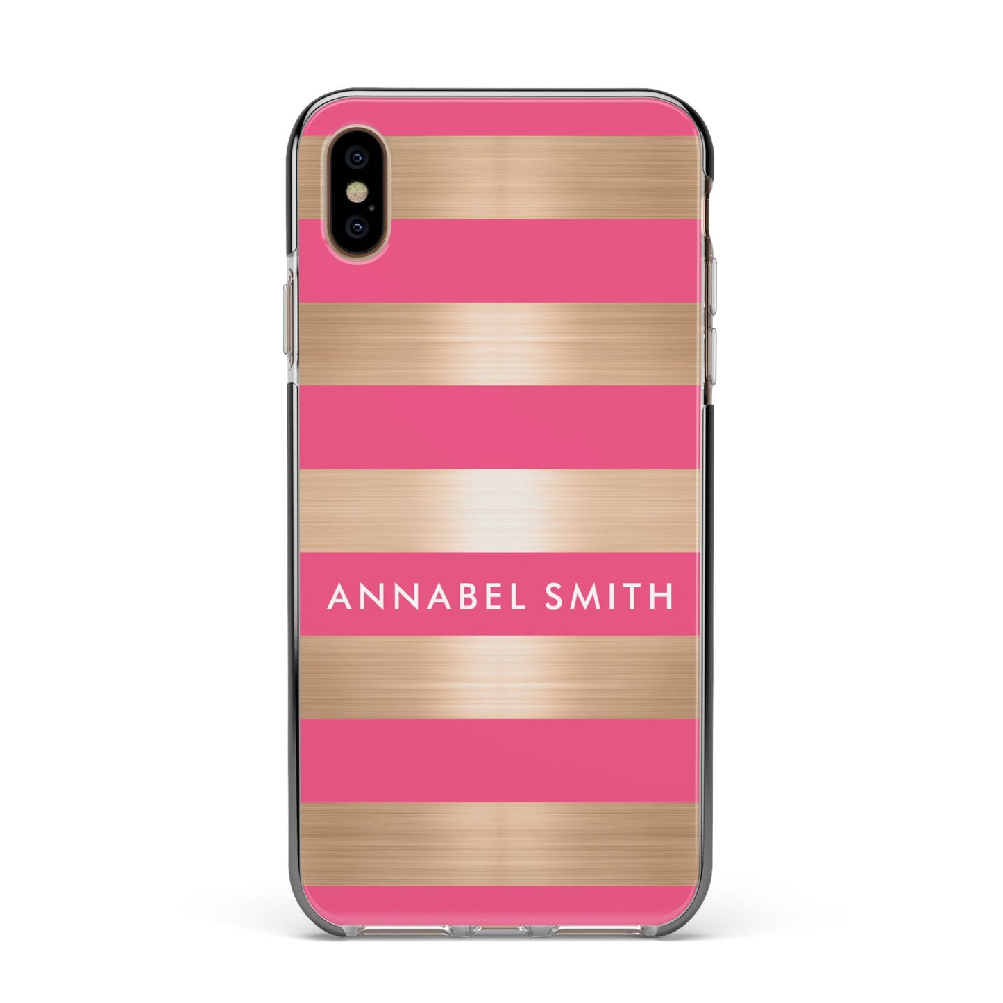 Personalised Gold Pink Stripes Name Initial Apple iPhone Xs Max Impact Case Black Edge on Gold Phone