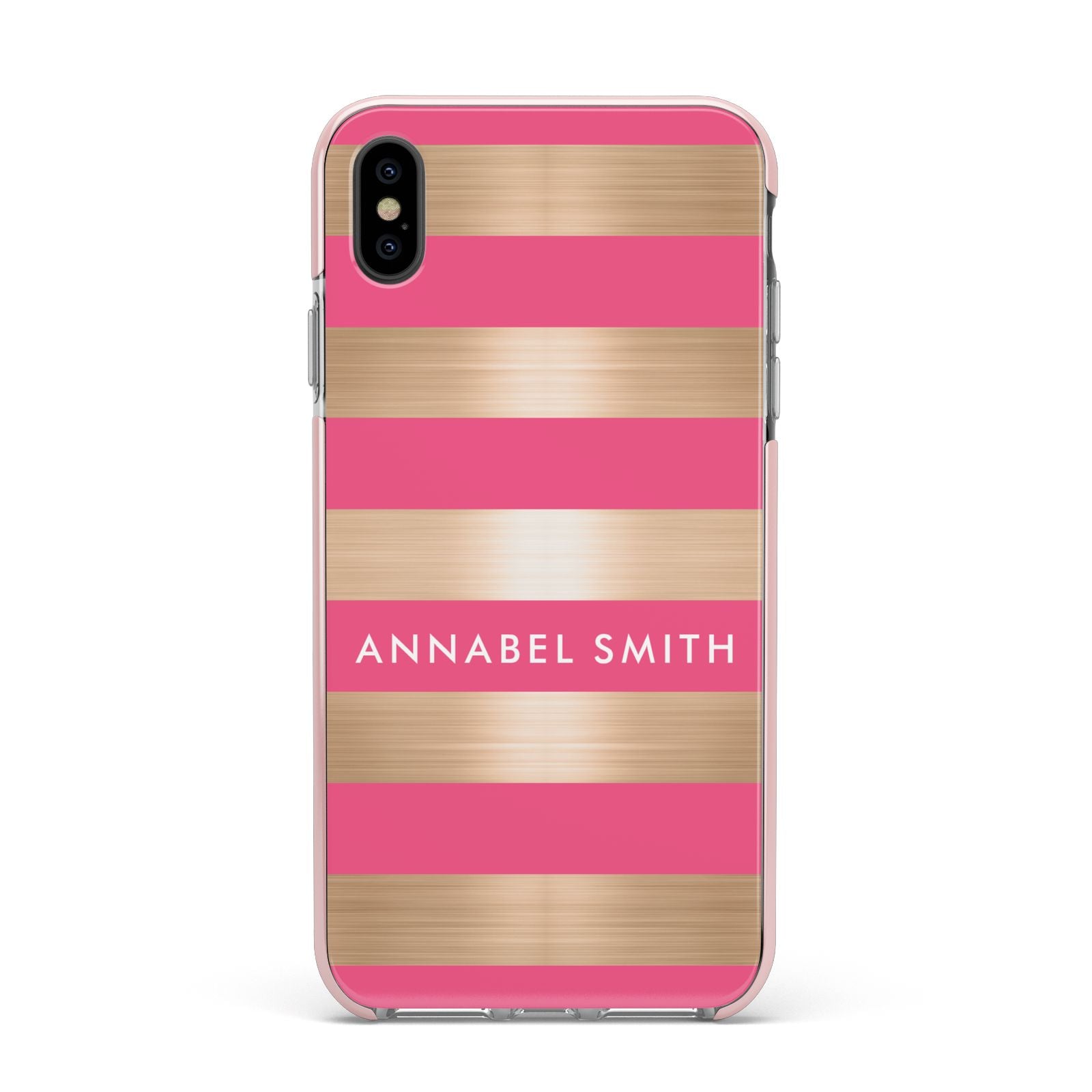Personalised Gold Pink Stripes Name Initial Apple iPhone Xs Max Impact Case Pink Edge on Black Phone