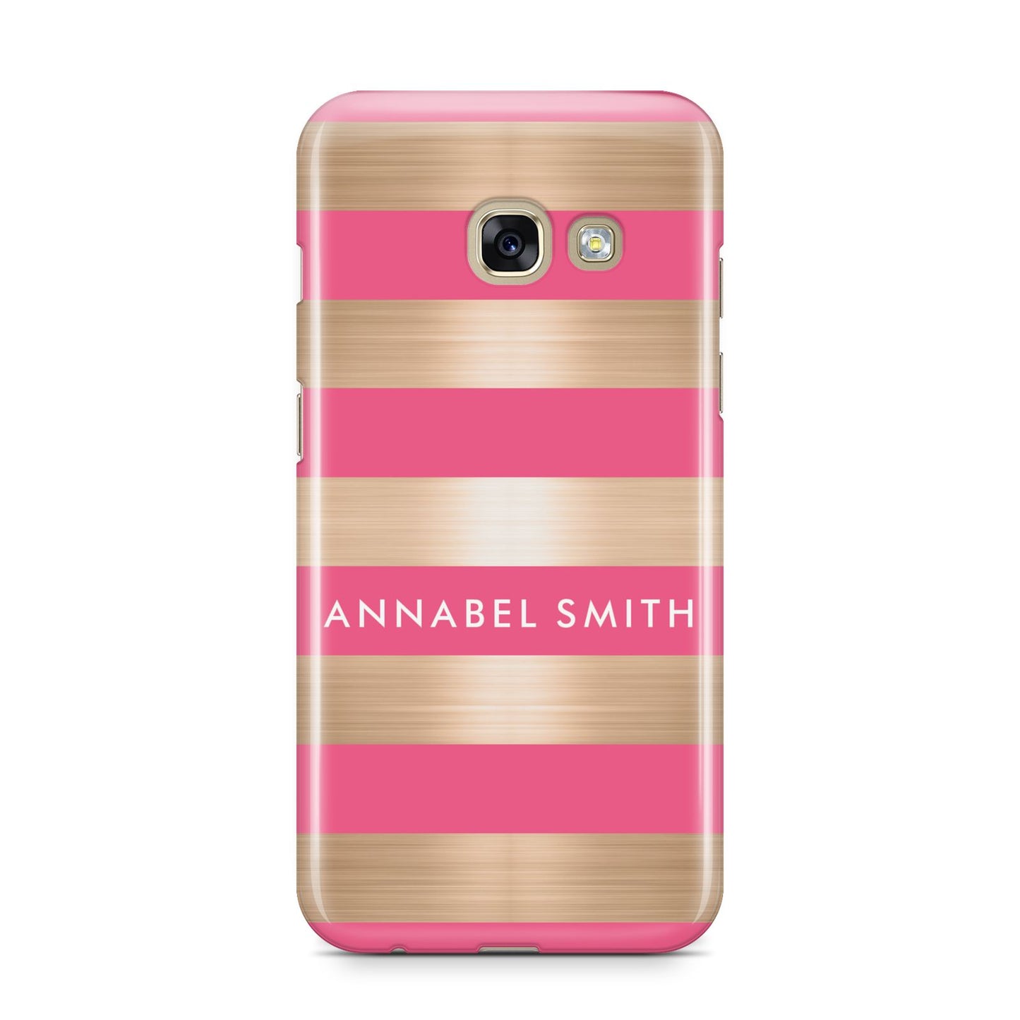 Personalised Gold Pink Stripes Name Initial Samsung Galaxy A3 2017 Case on gold phone