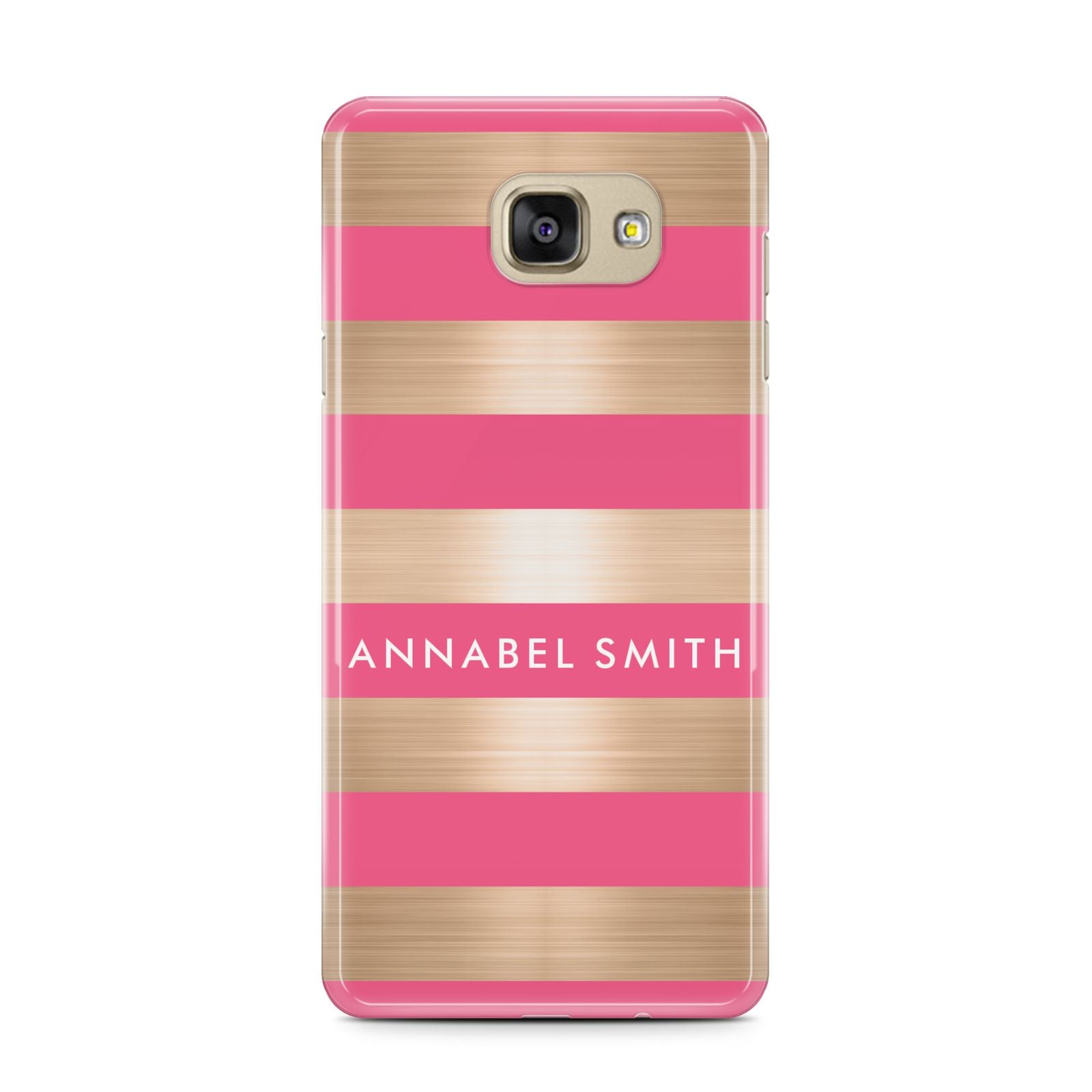 Personalised Gold Pink Stripes Name Initial Samsung Galaxy A7 2016 Case on gold phone