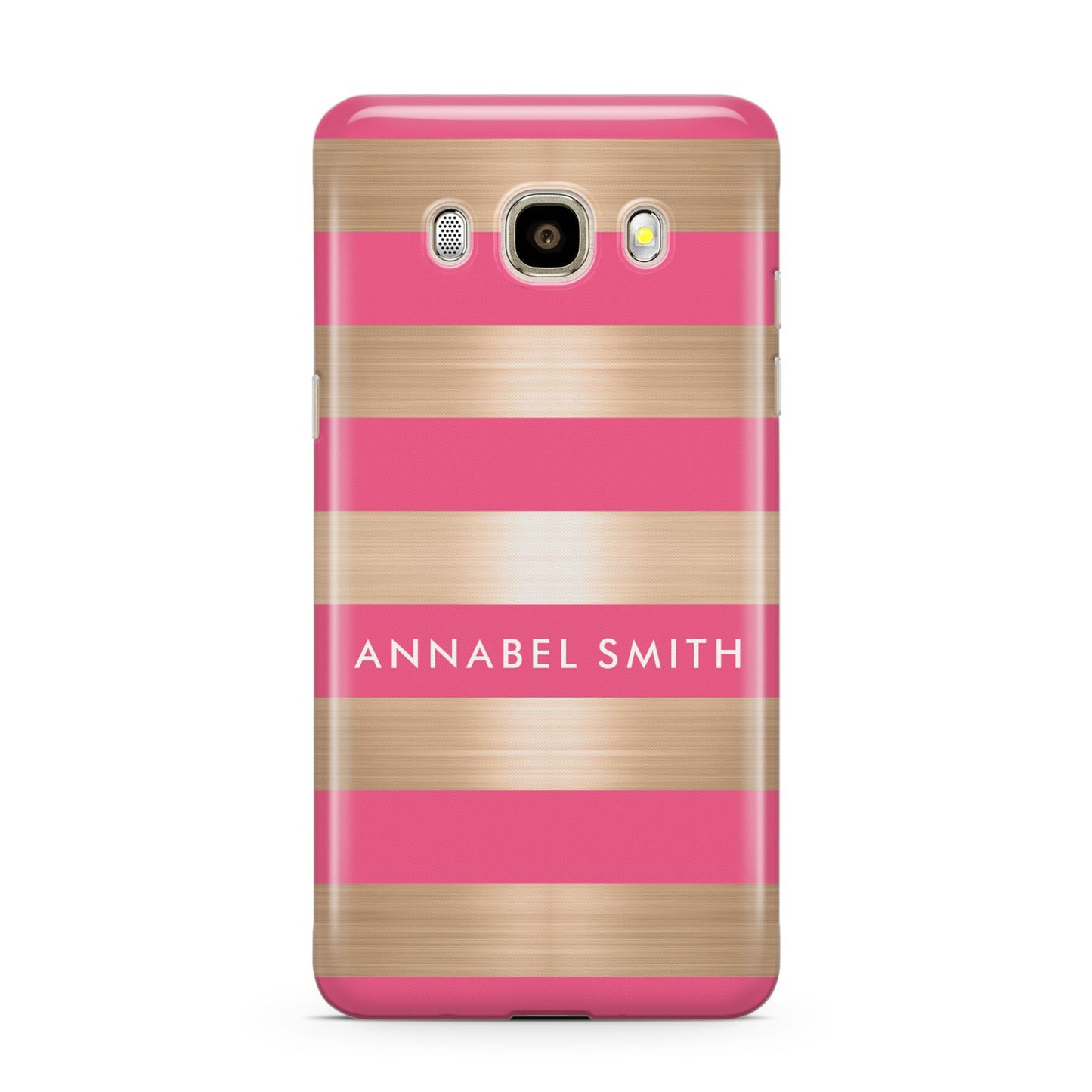 Personalised Gold Pink Stripes Name Initial Samsung Galaxy J7 2016 Case on gold phone