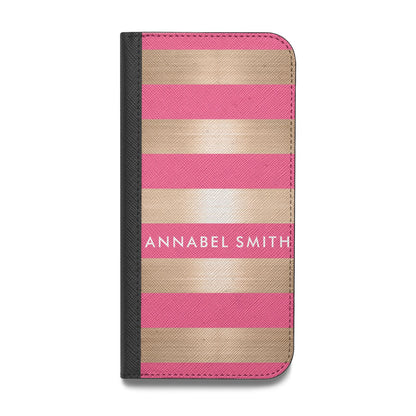 Personalised Gold Pink Stripes Name Initial Vegan Leather Flip Samsung Case