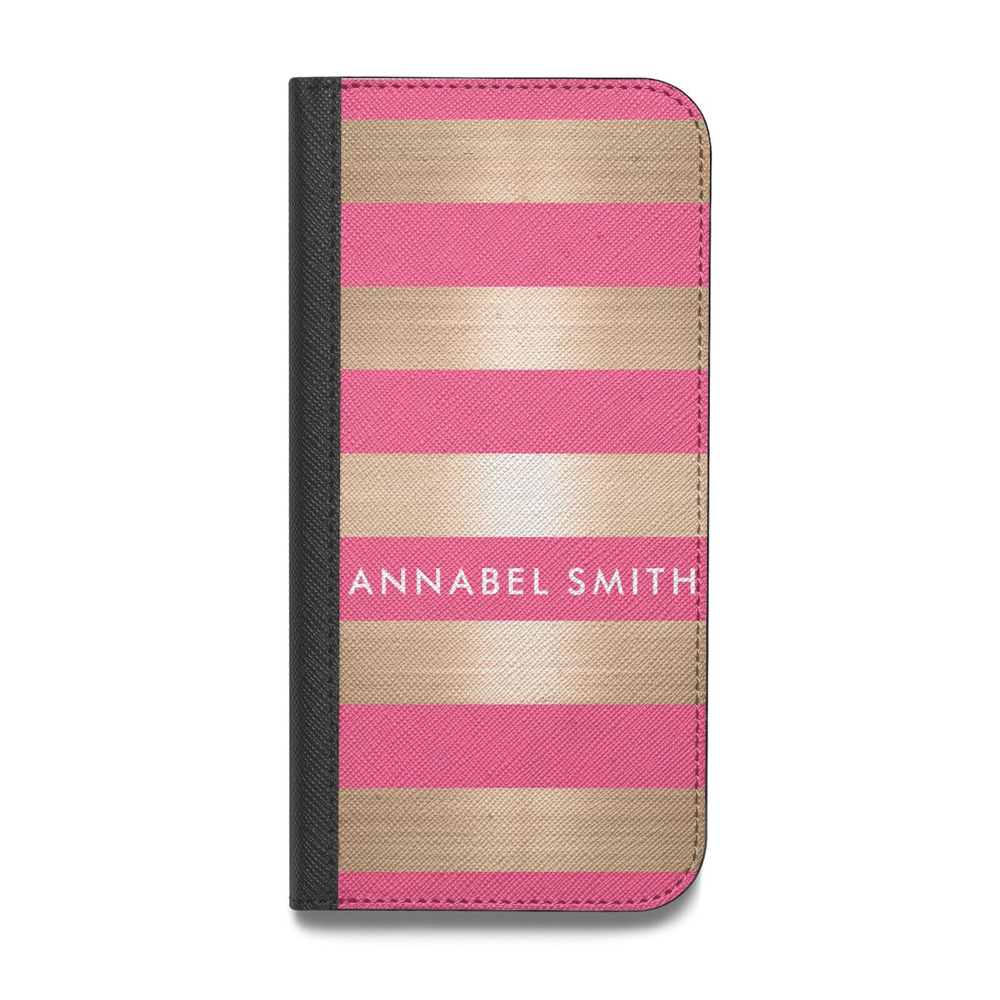 Personalised Gold Pink Stripes Name Initial Vegan Leather Flip iPhone Case