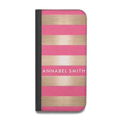 Personalised Gold Pink Stripes Name Initial Vegan Leather Flip iPhone Case