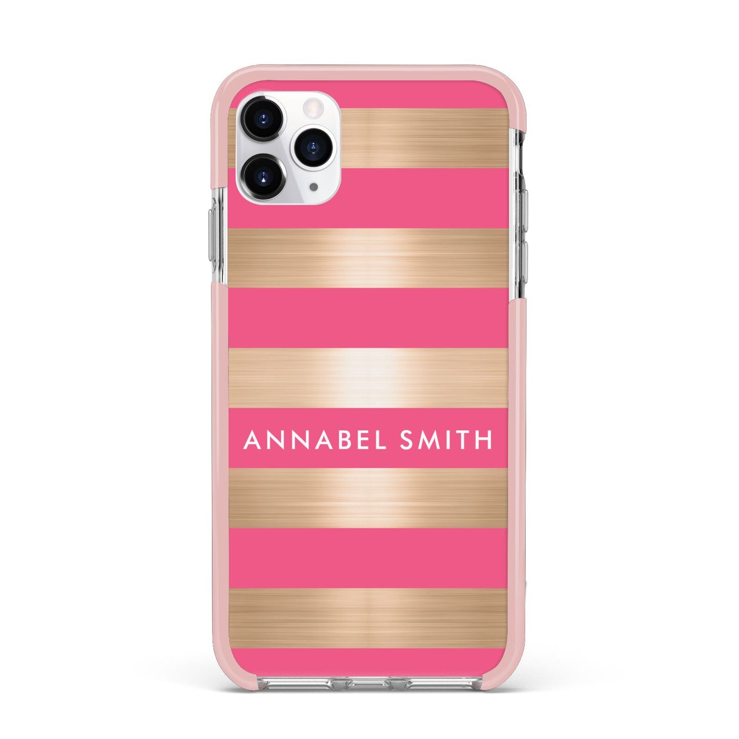 Personalised Gold Pink Stripes Name Initial iPhone 11 Pro Max Impact Pink Edge Case
