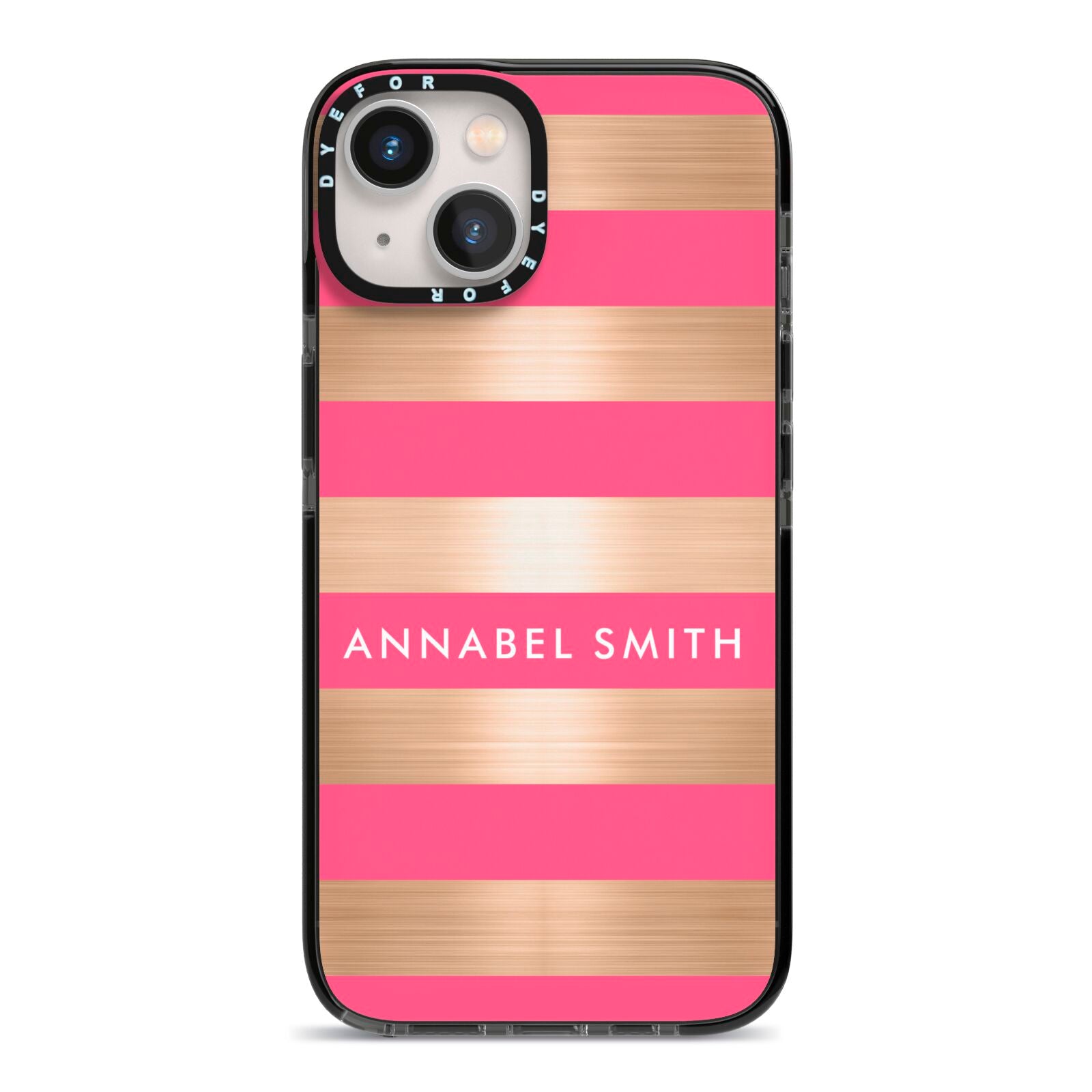 Personalised Gold Pink Stripes Name Initial iPhone 13 Black Impact Case on Silver phone