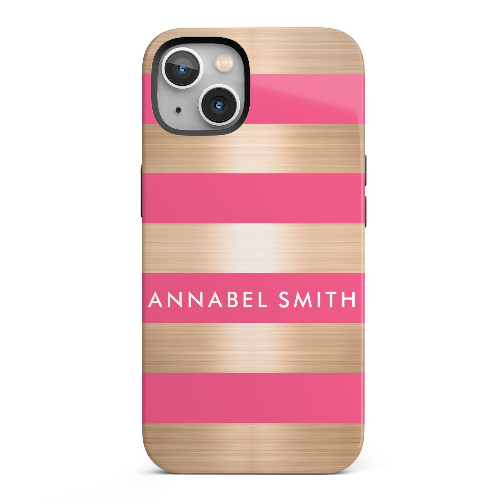Personalised Gold Pink Stripes Name Initial iPhone 13 Full Wrap 3D Tough Case