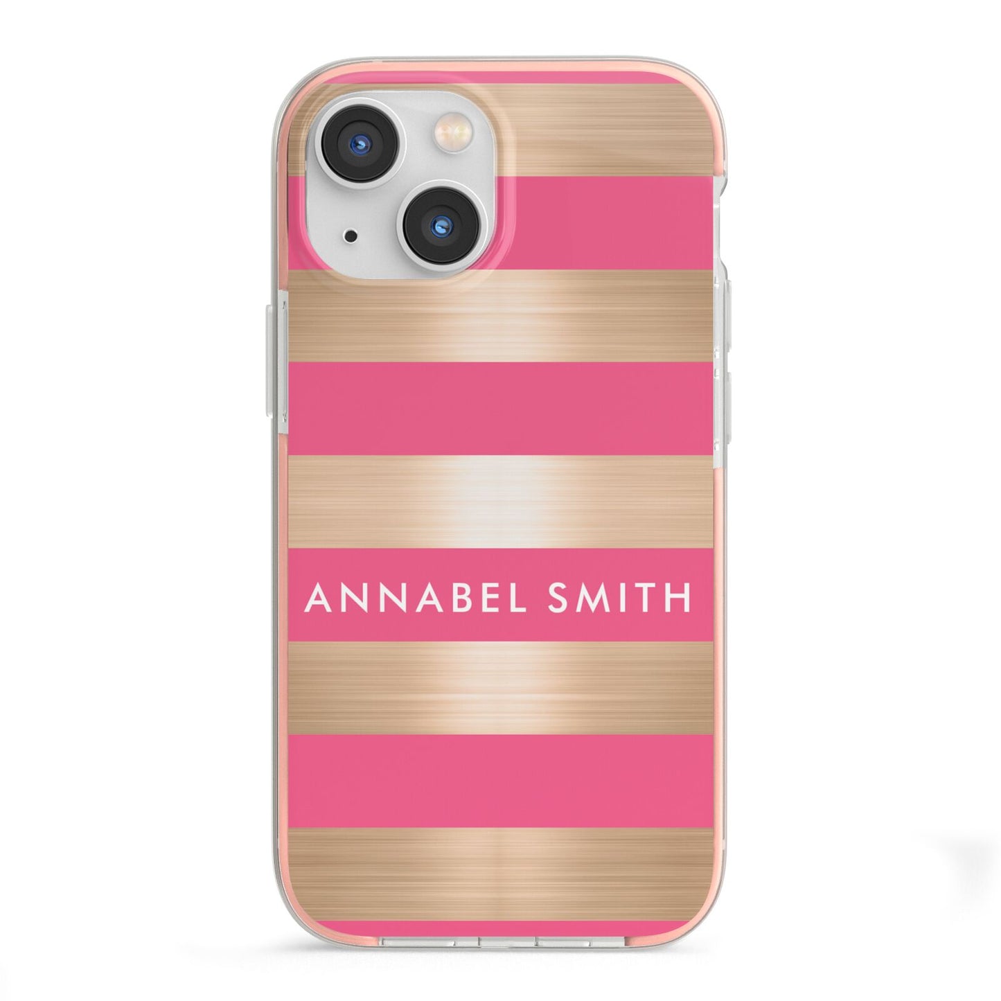 Personalised Gold Pink Stripes Name Initial iPhone 13 Mini TPU Impact Case with Pink Edges