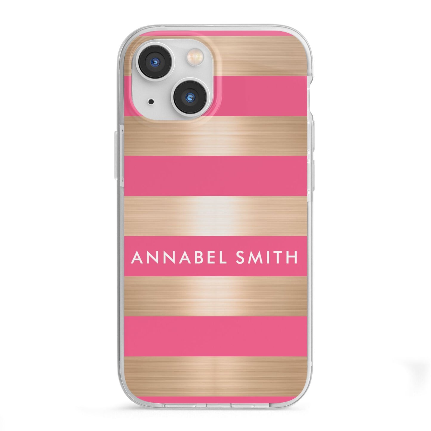 Personalised Gold Pink Stripes Name Initial iPhone 13 Mini TPU Impact Case with White Edges