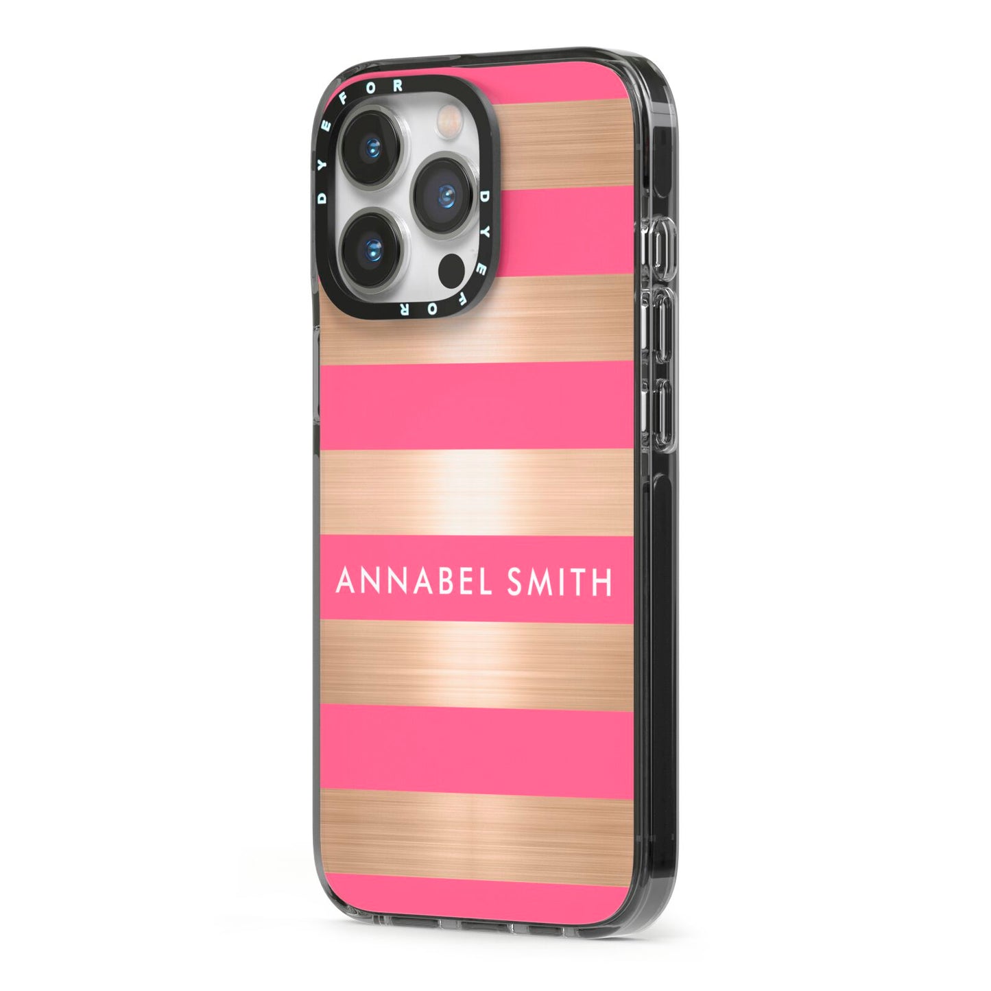 Personalised Gold Pink Stripes Name Initial iPhone 13 Pro Black Impact Case Side Angle on Silver phone