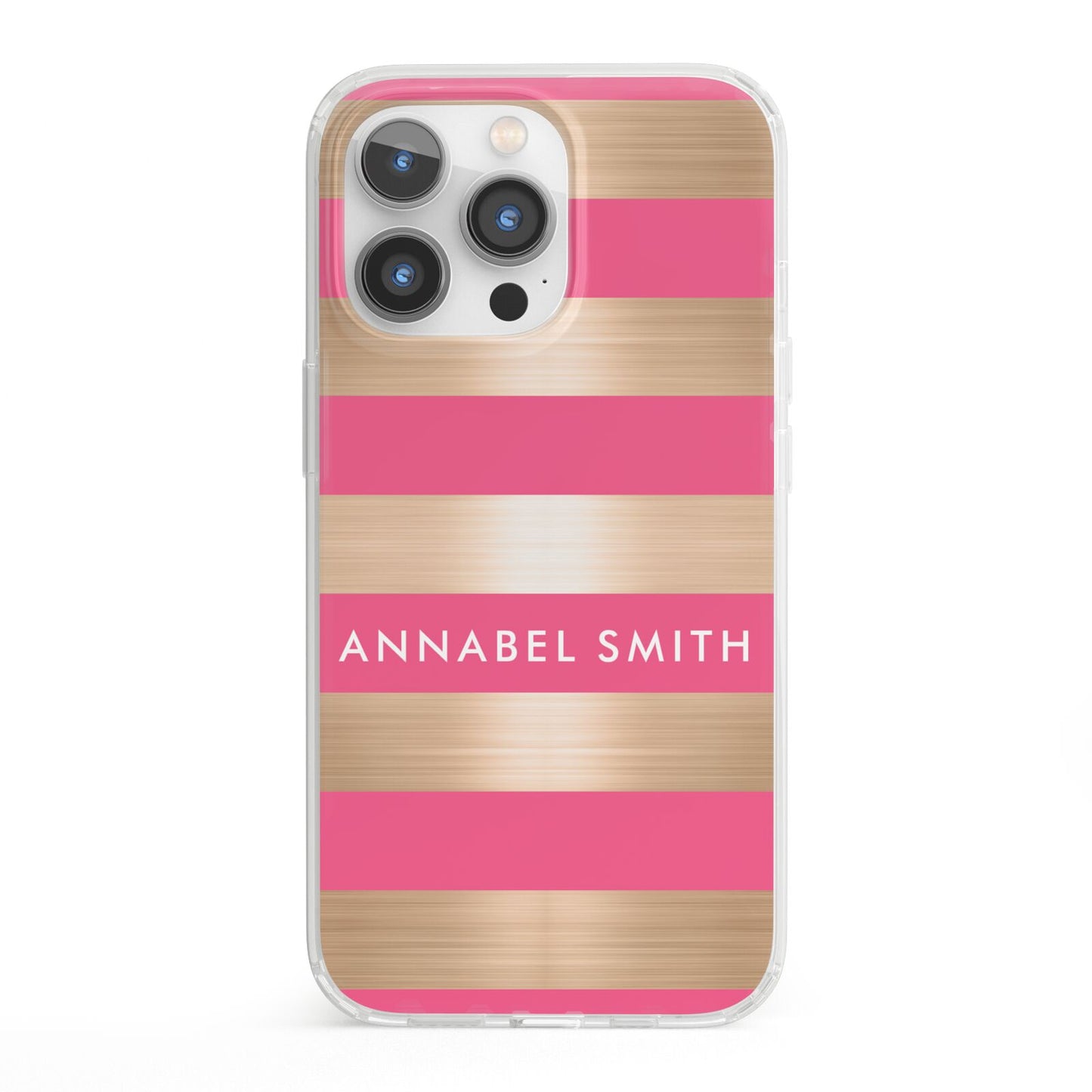 Personalised Gold Pink Stripes Name Initial iPhone 13 Pro Clear Bumper Case