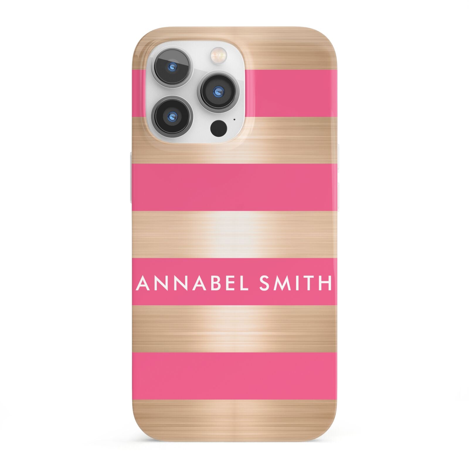 Personalised Gold Pink Stripes Name Initial iPhone 13 Pro Full Wrap 3D Snap Case