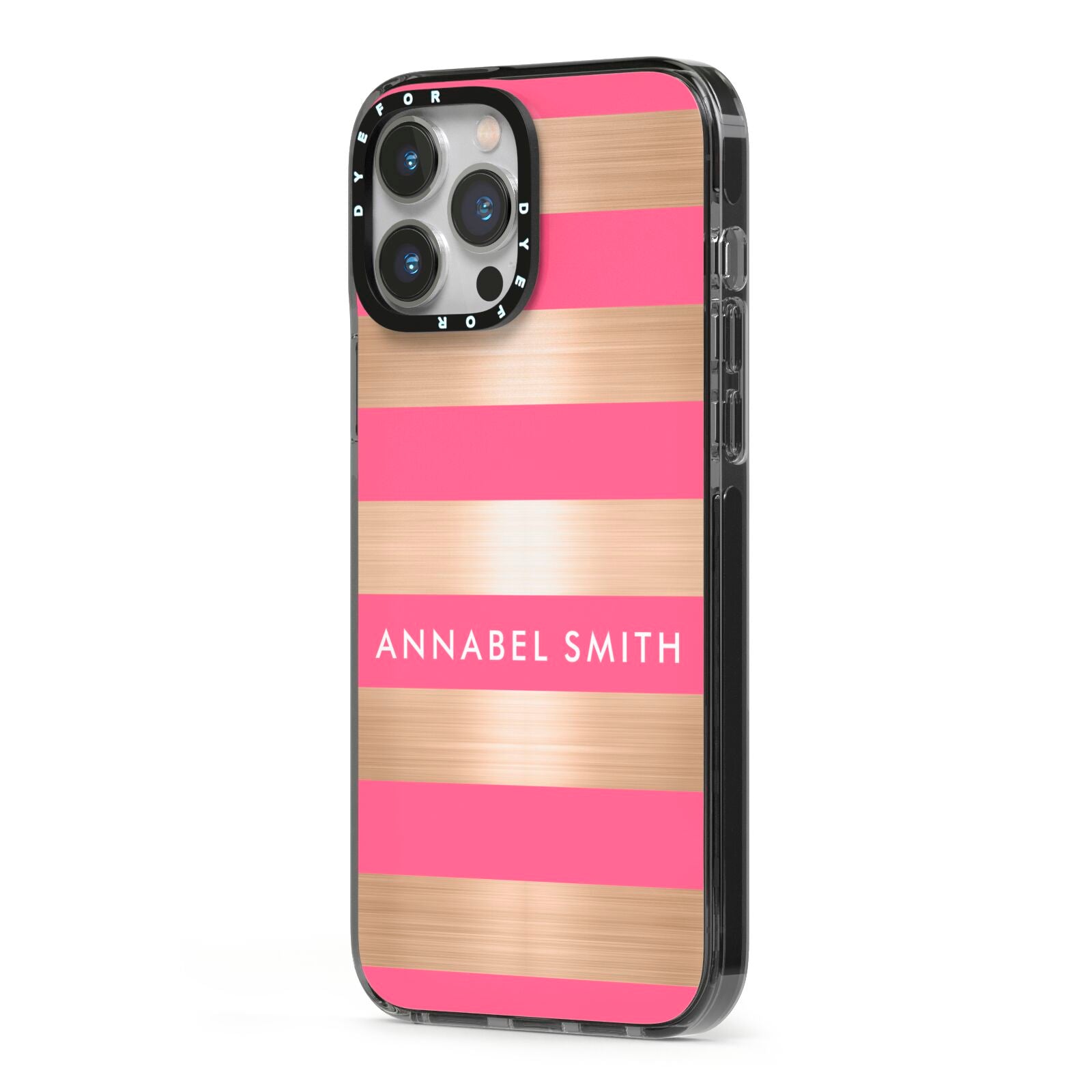 Personalised Gold Pink Stripes Name Initial iPhone 13 Pro Max Black Impact Case Side Angle on Silver phone