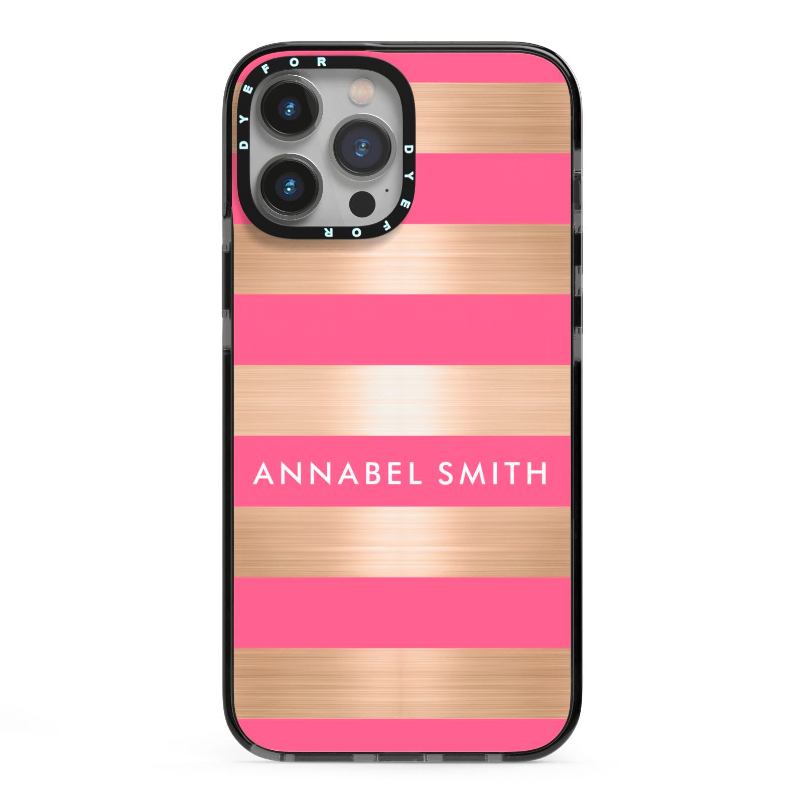 Personalised Gold Pink Stripes Name Initial iPhone 13 Pro Max Black Impact Case on Silver phone