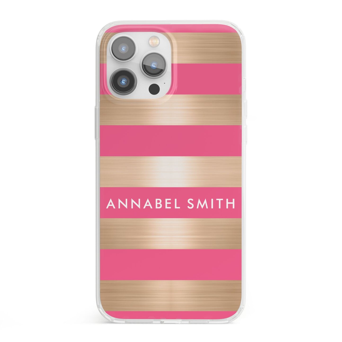 Personalised Gold Pink Stripes Name Initial iPhone 13 Pro Max Clear Bumper Case