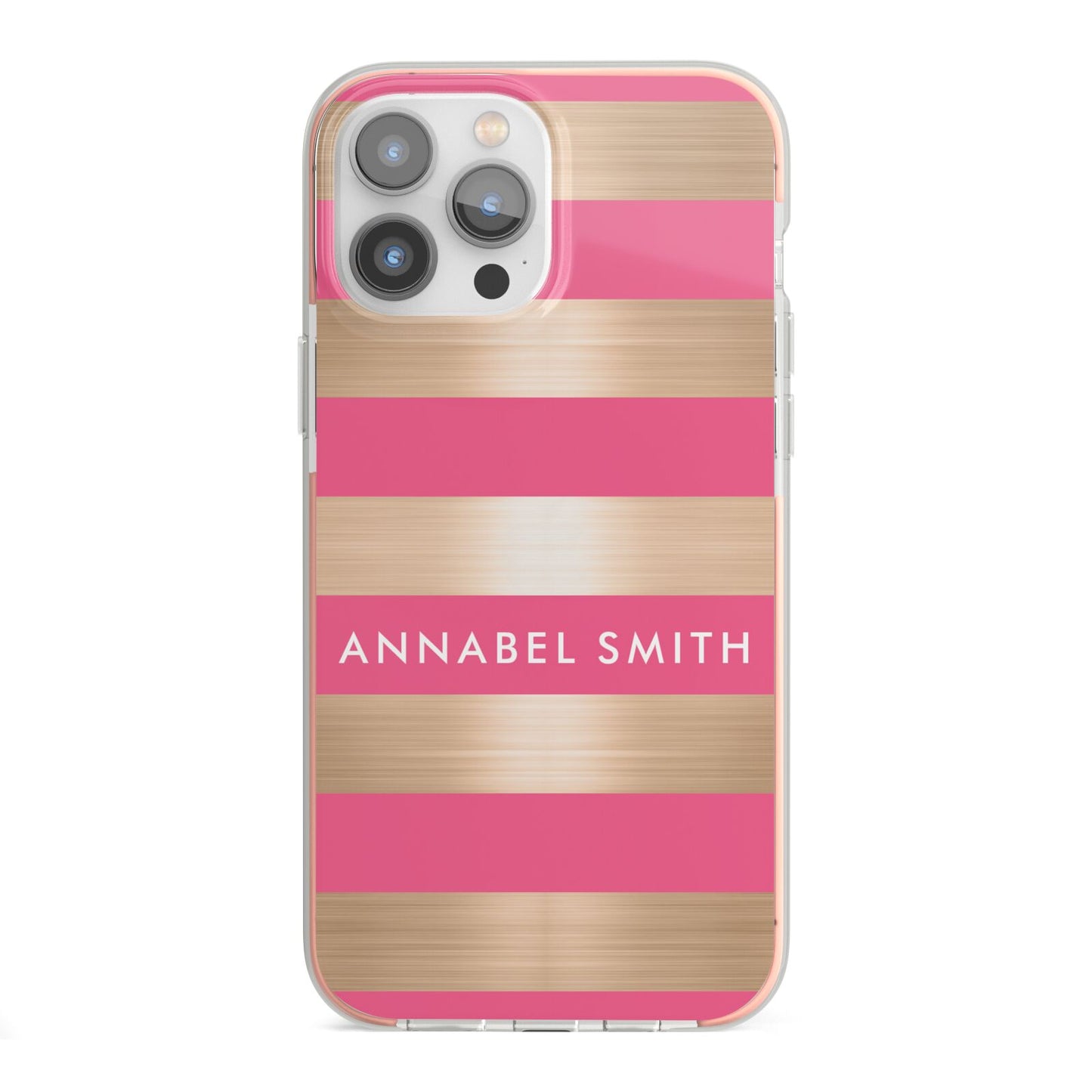 Personalised Gold Pink Stripes Name Initial iPhone 13 Pro Max TPU Impact Case with Pink Edges