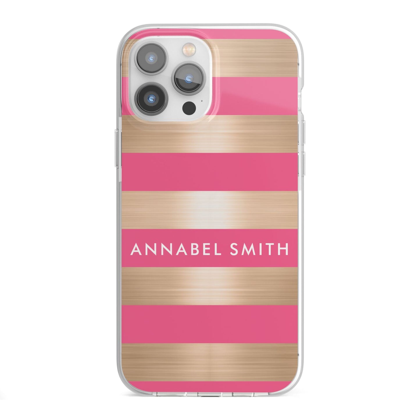Personalised Gold Pink Stripes Name Initial iPhone 13 Pro Max TPU Impact Case with White Edges