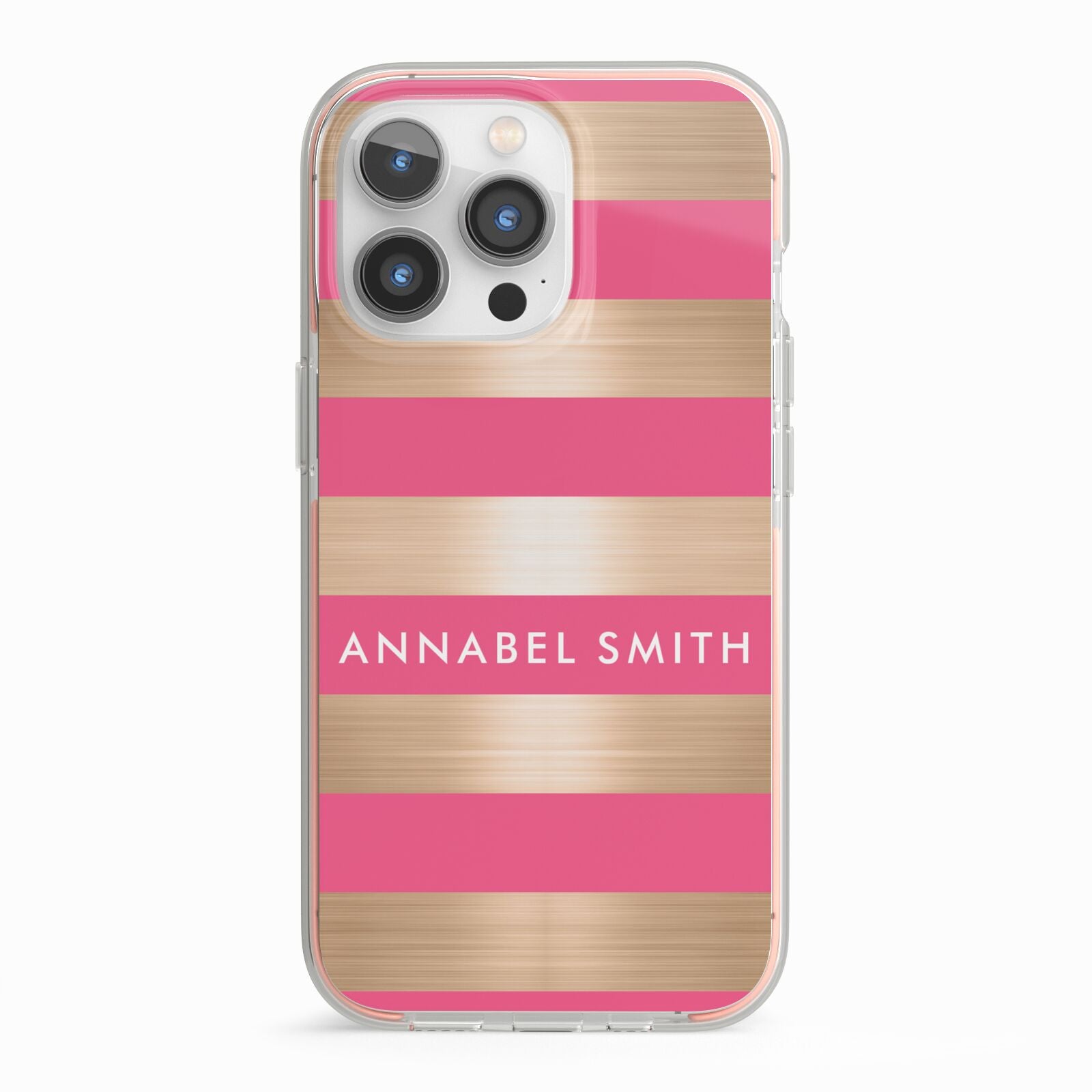 Personalised Gold Pink Stripes Name Initial iPhone 13 Pro TPU Impact Case with Pink Edges