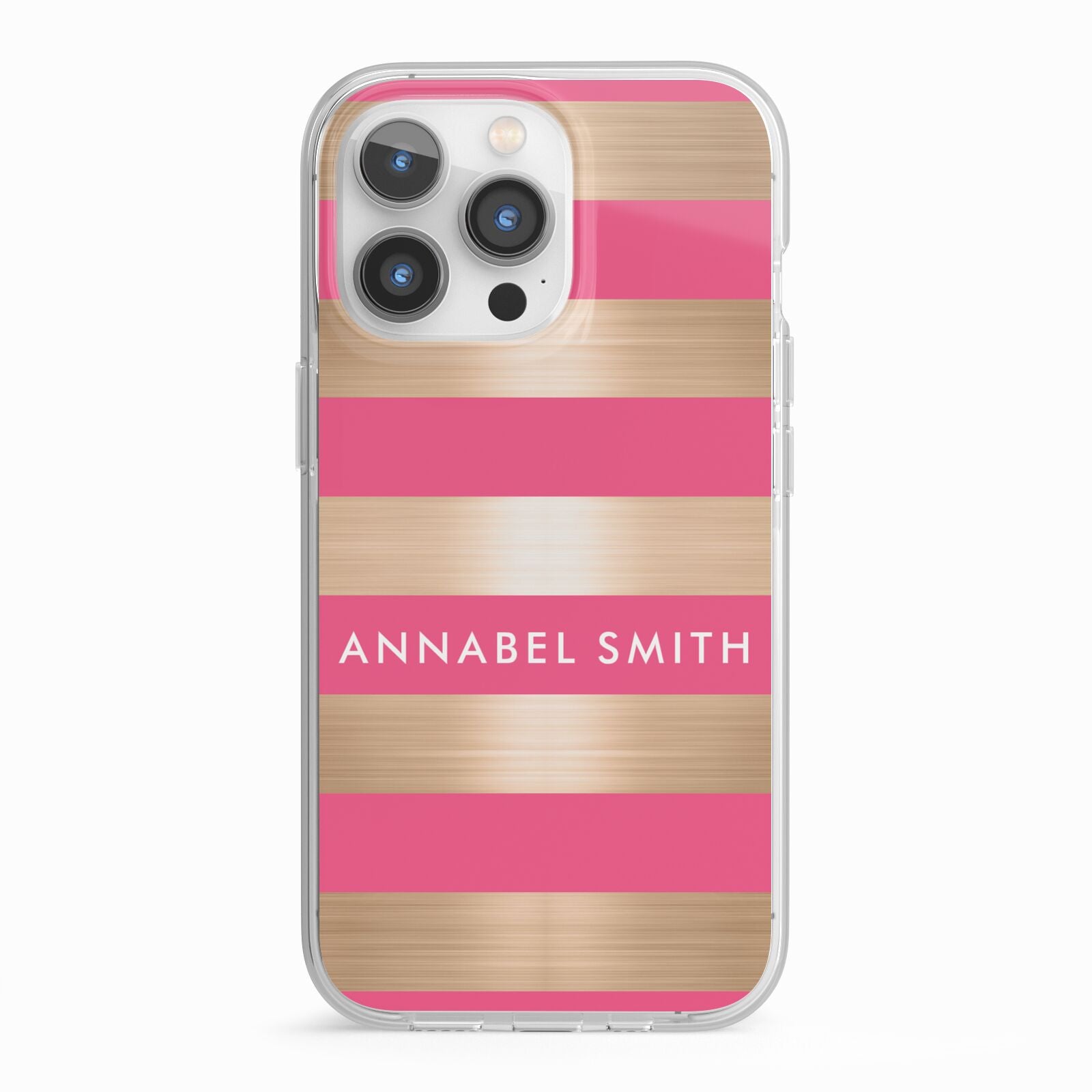 Personalised Gold Pink Stripes Name Initial iPhone 13 Pro TPU Impact Case with White Edges