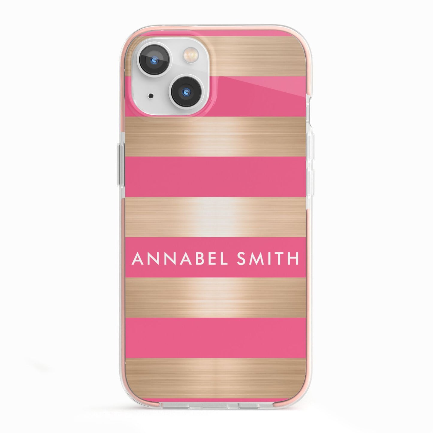 Personalised Gold Pink Stripes Name Initial iPhone 13 TPU Impact Case with Pink Edges
