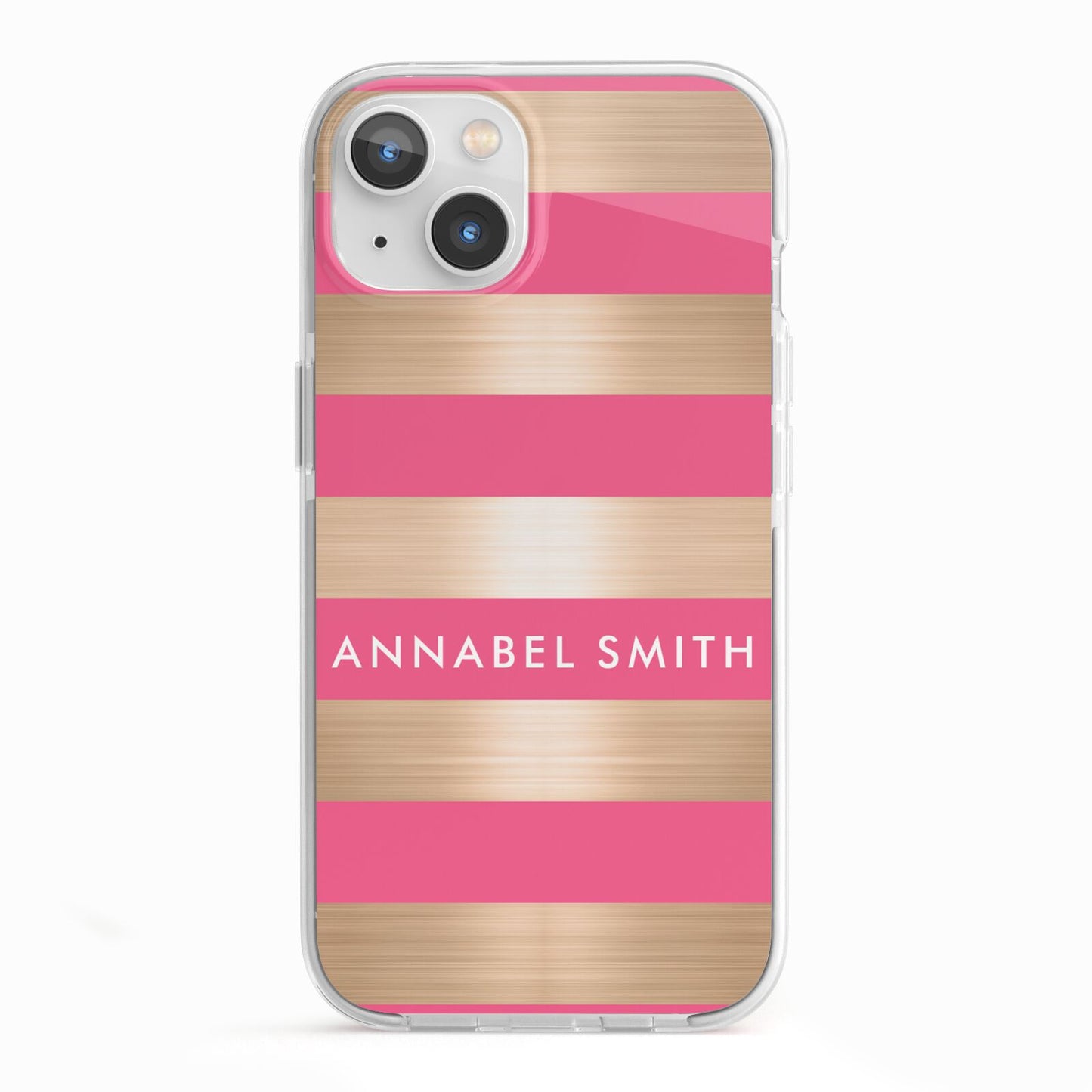 Personalised Gold Pink Stripes Name Initial iPhone 13 TPU Impact Case with White Edges