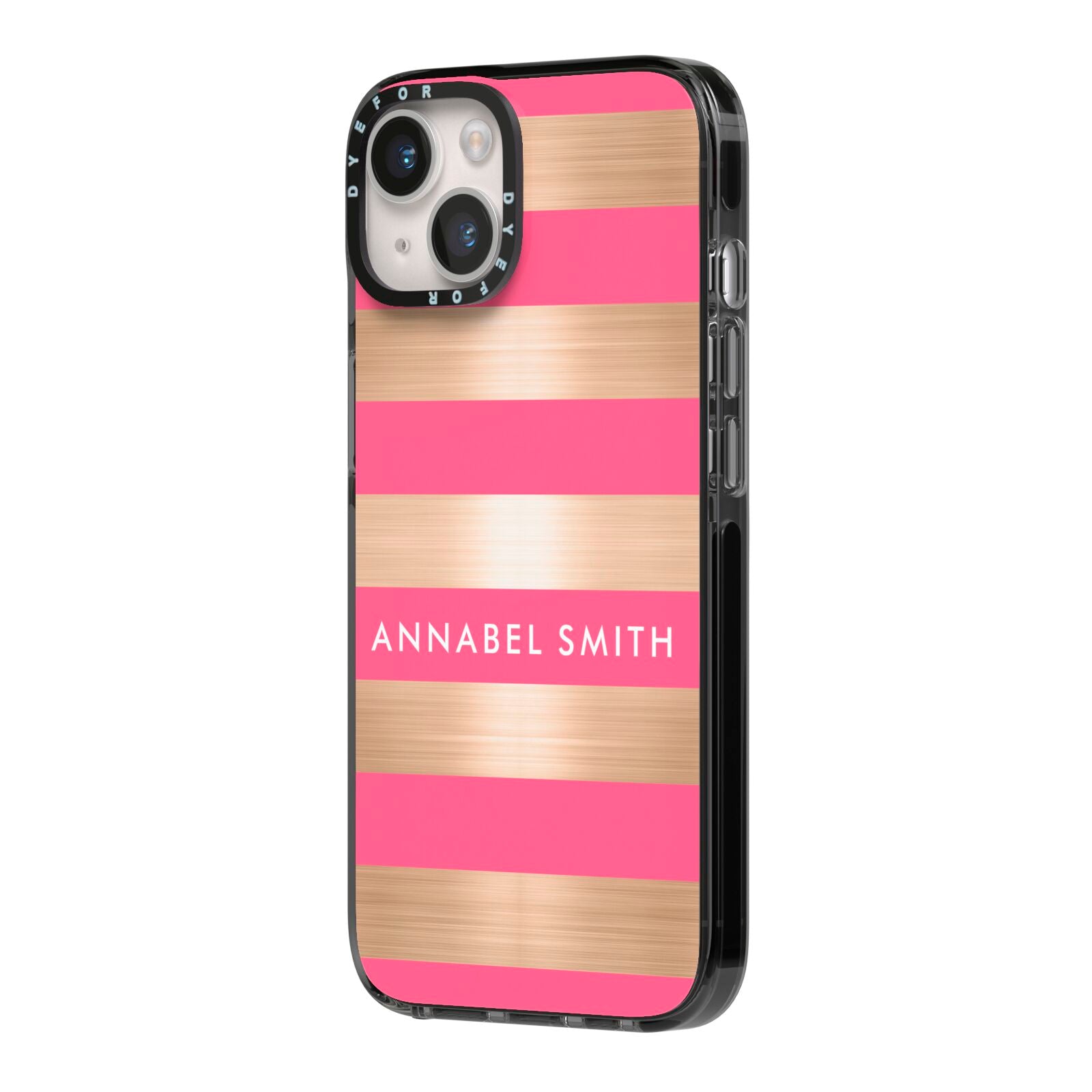 Personalised Gold Pink Stripes Name Initial iPhone 14 Black Impact Case Side Angle on Silver phone