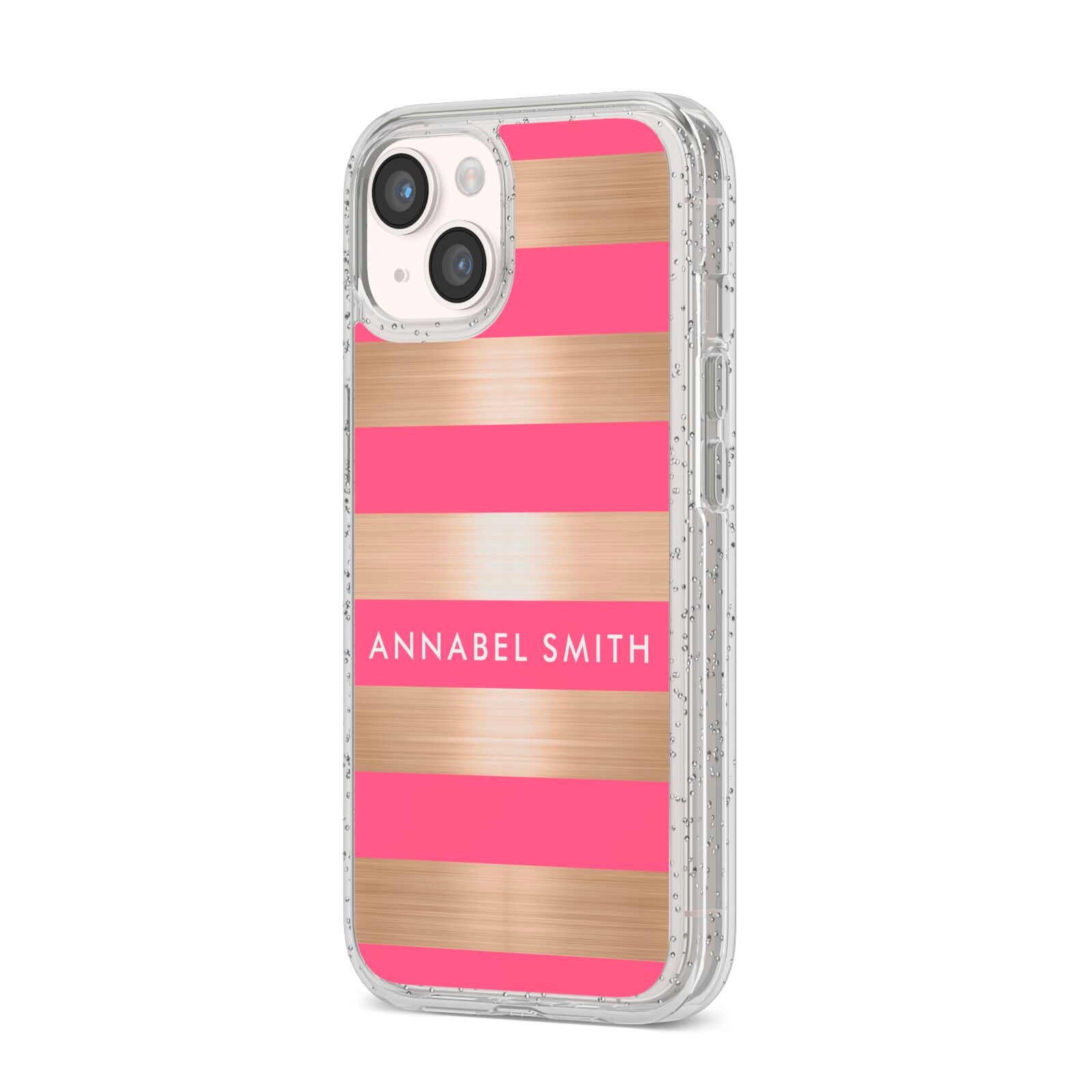 Personalised Gold Pink Stripes Name Initial iPhone 14 Glitter Tough Case Starlight Angled Image