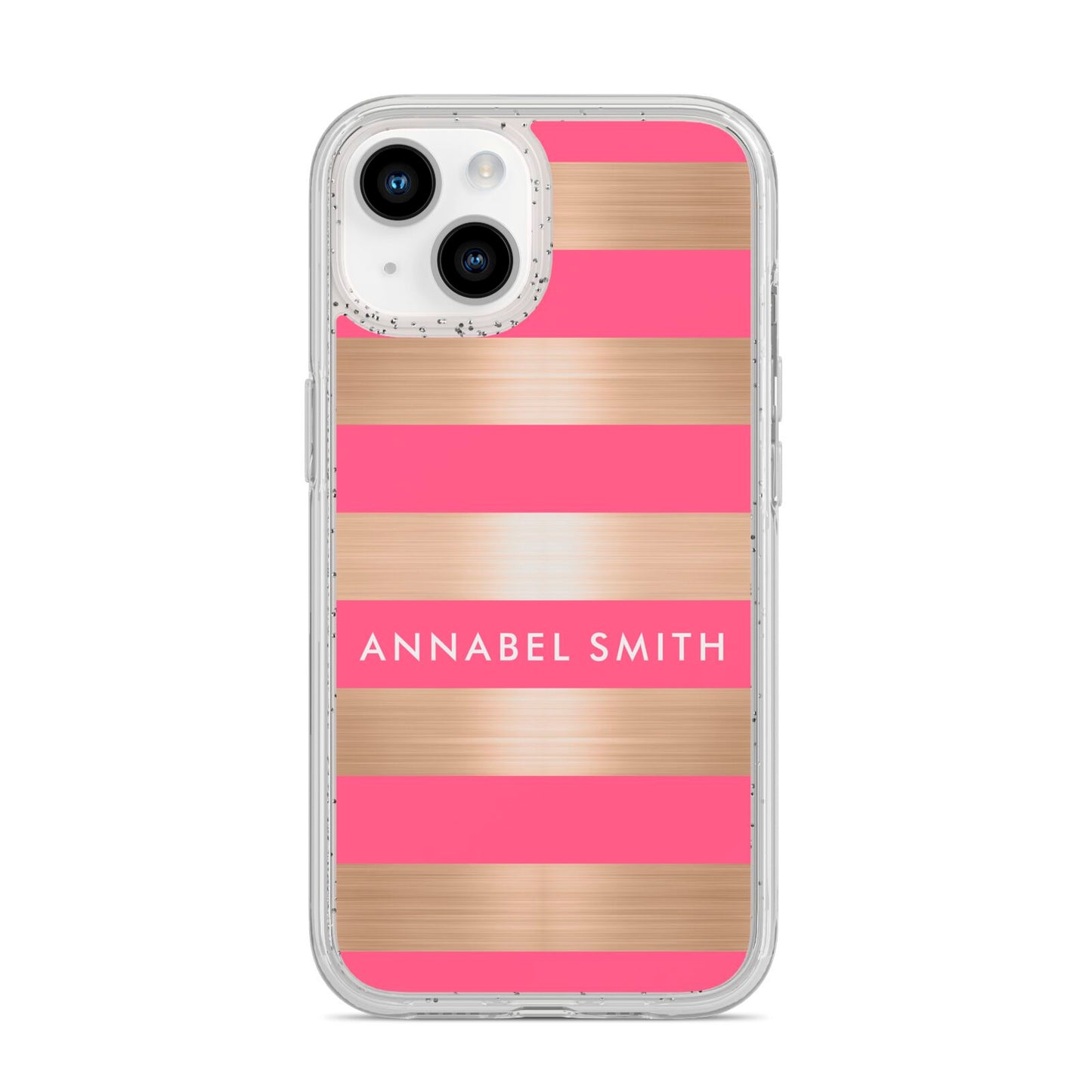 Personalised Gold Pink Stripes Name Initial iPhone 14 Glitter Tough Case Starlight