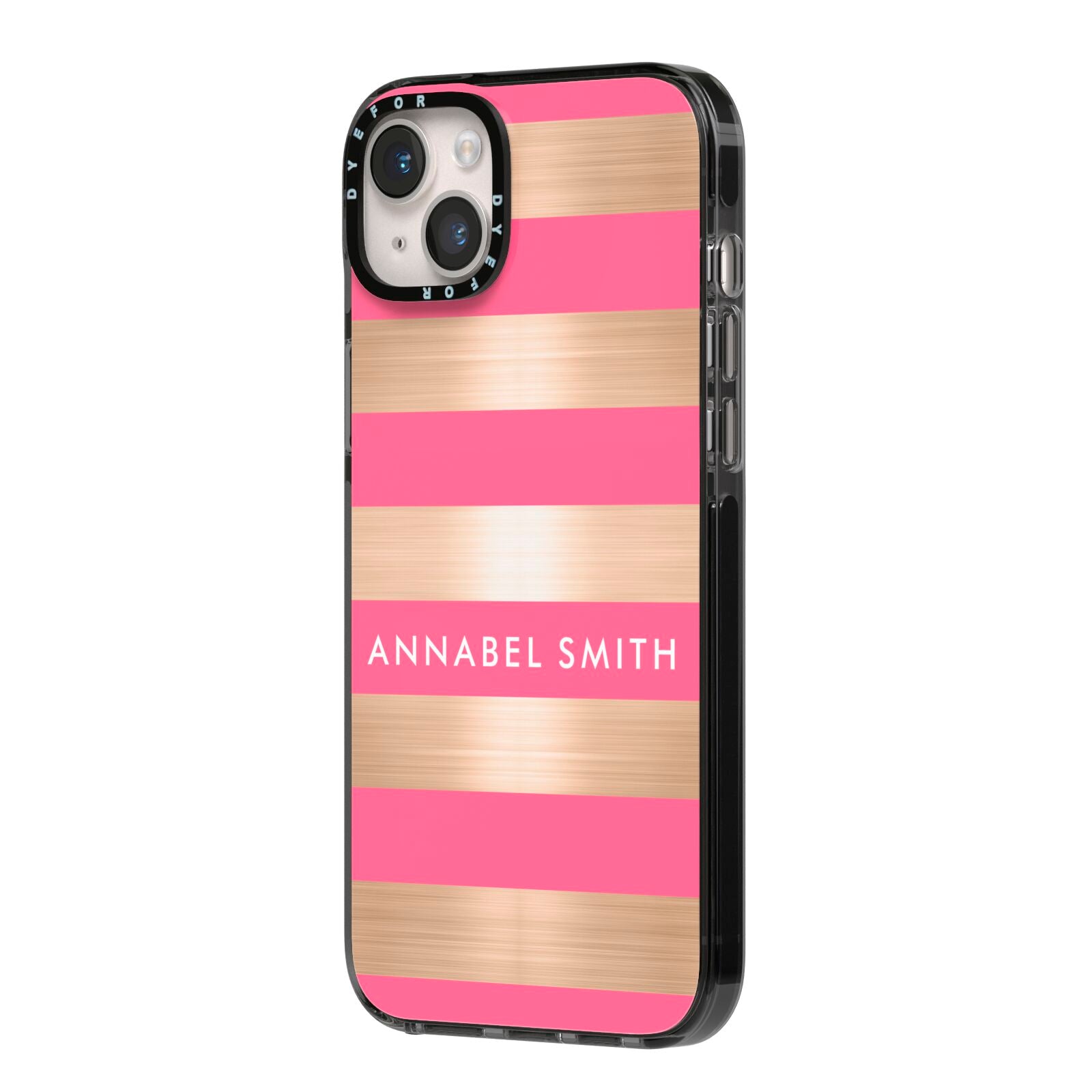 Personalised Gold Pink Stripes Name Initial iPhone 14 Plus Black Impact Case Side Angle on Silver phone
