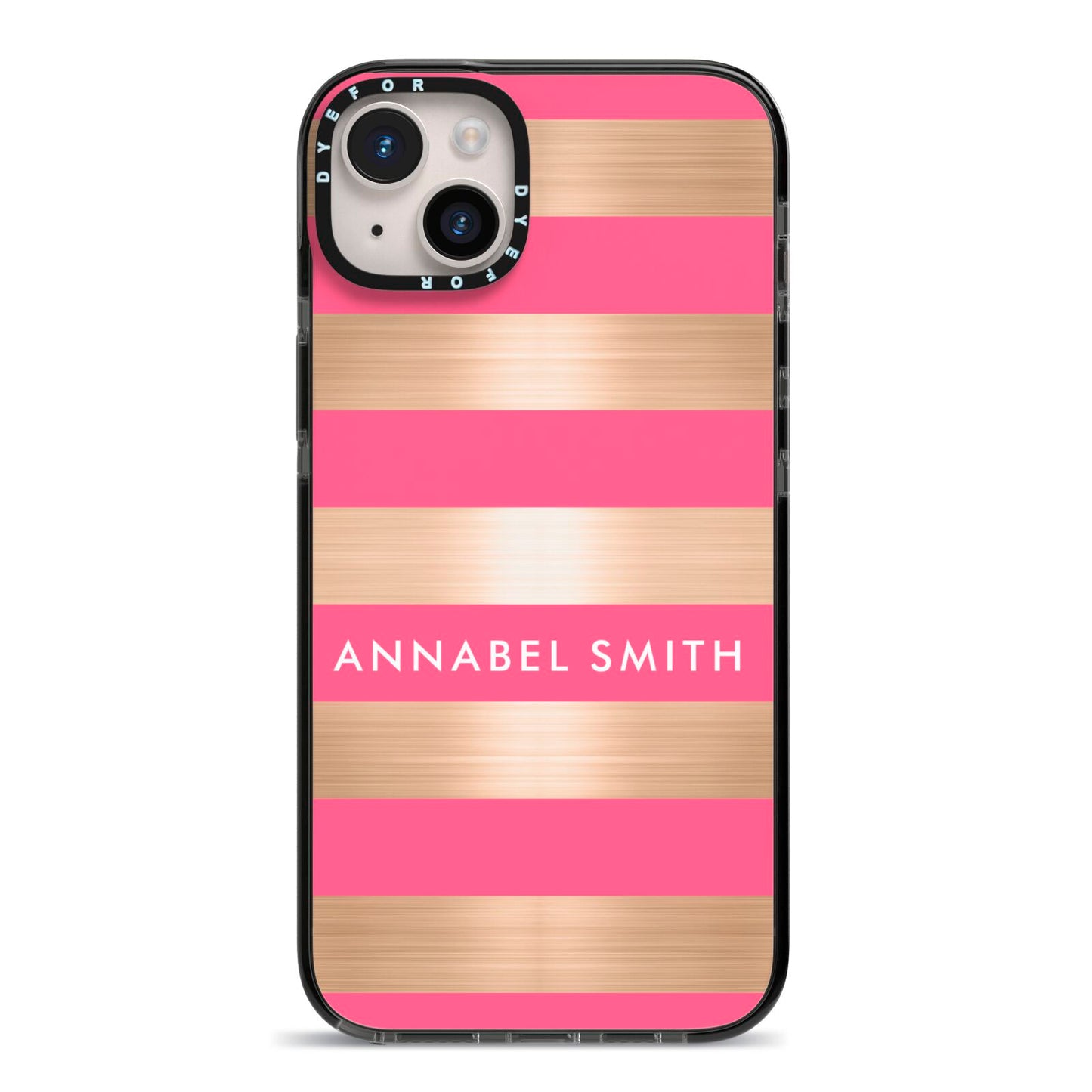 Personalised Gold Pink Stripes Name Initial iPhone 14 Plus Black Impact Case on Silver phone