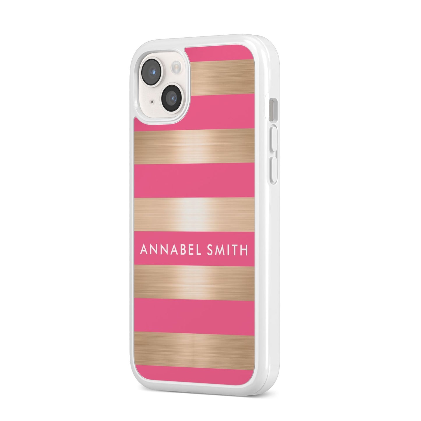 Personalised Gold Pink Stripes Name Initial iPhone 14 Plus Clear Tough Case Starlight Angled Image