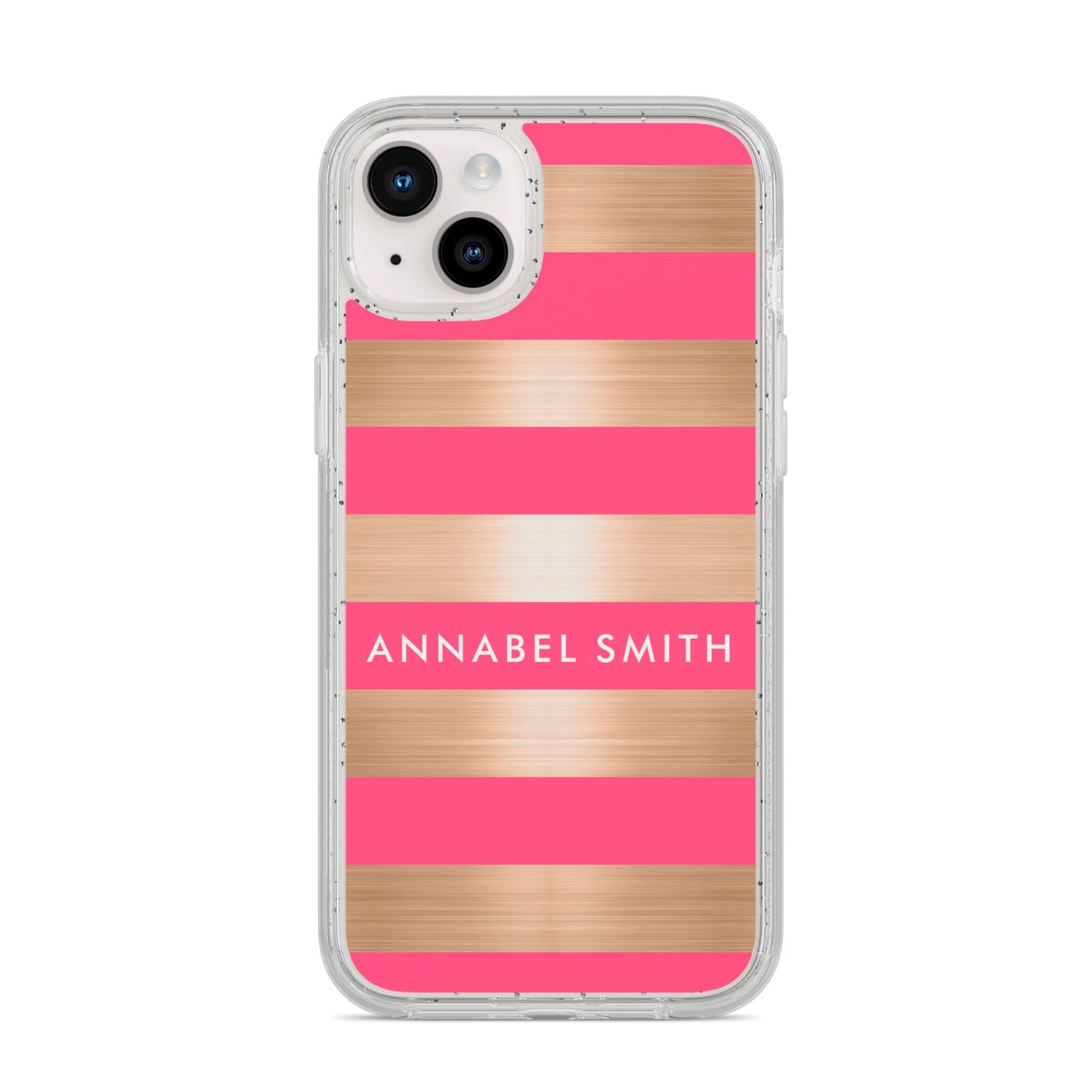 Personalised Gold Pink Stripes Name Initial iPhone 14 Plus Glitter Tough Case Starlight