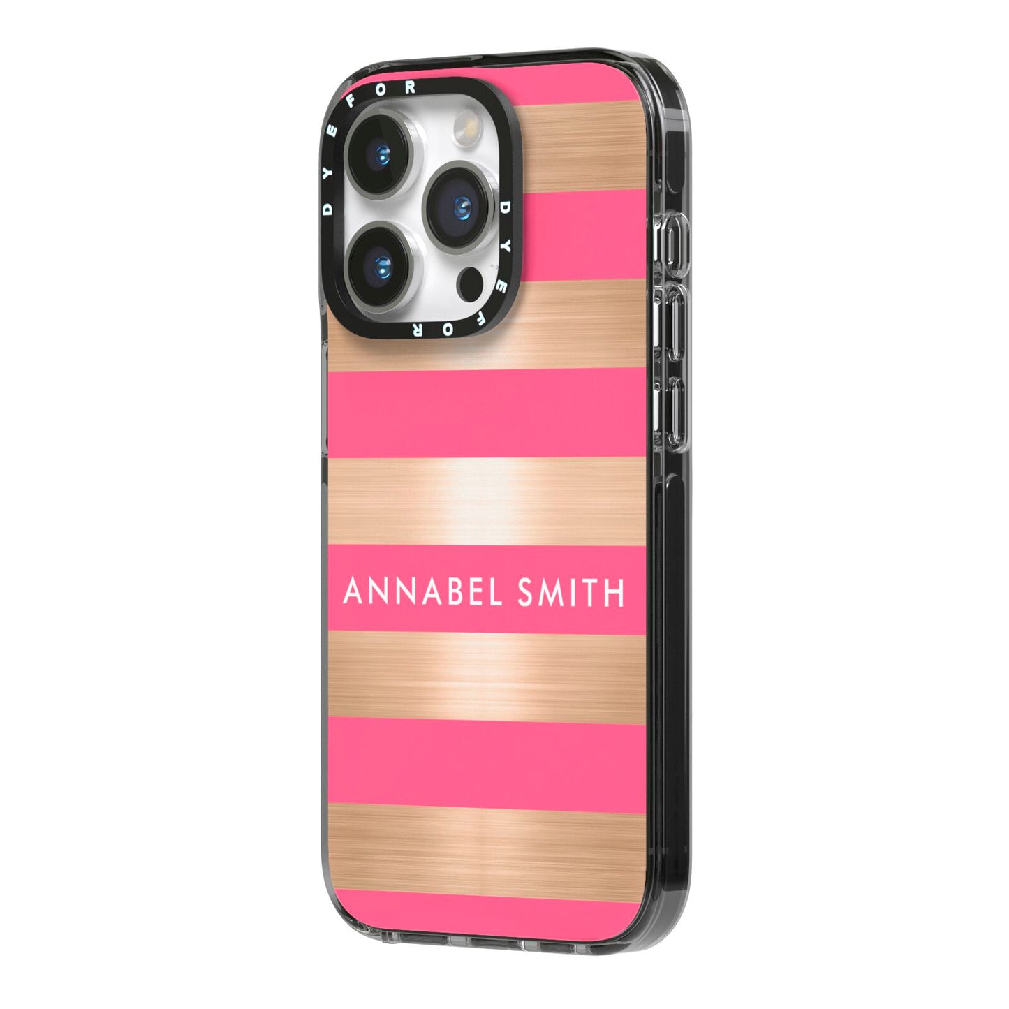 Personalised Gold Pink Stripes Name Initial iPhone 14 Pro Black Impact Case Side Angle on Silver phone