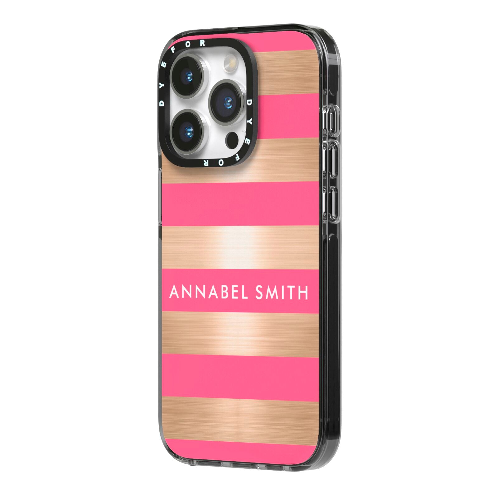 Personalised Gold Pink Stripes Name Initial iPhone 14 Pro Black Impact Case Side Angle on Silver phone