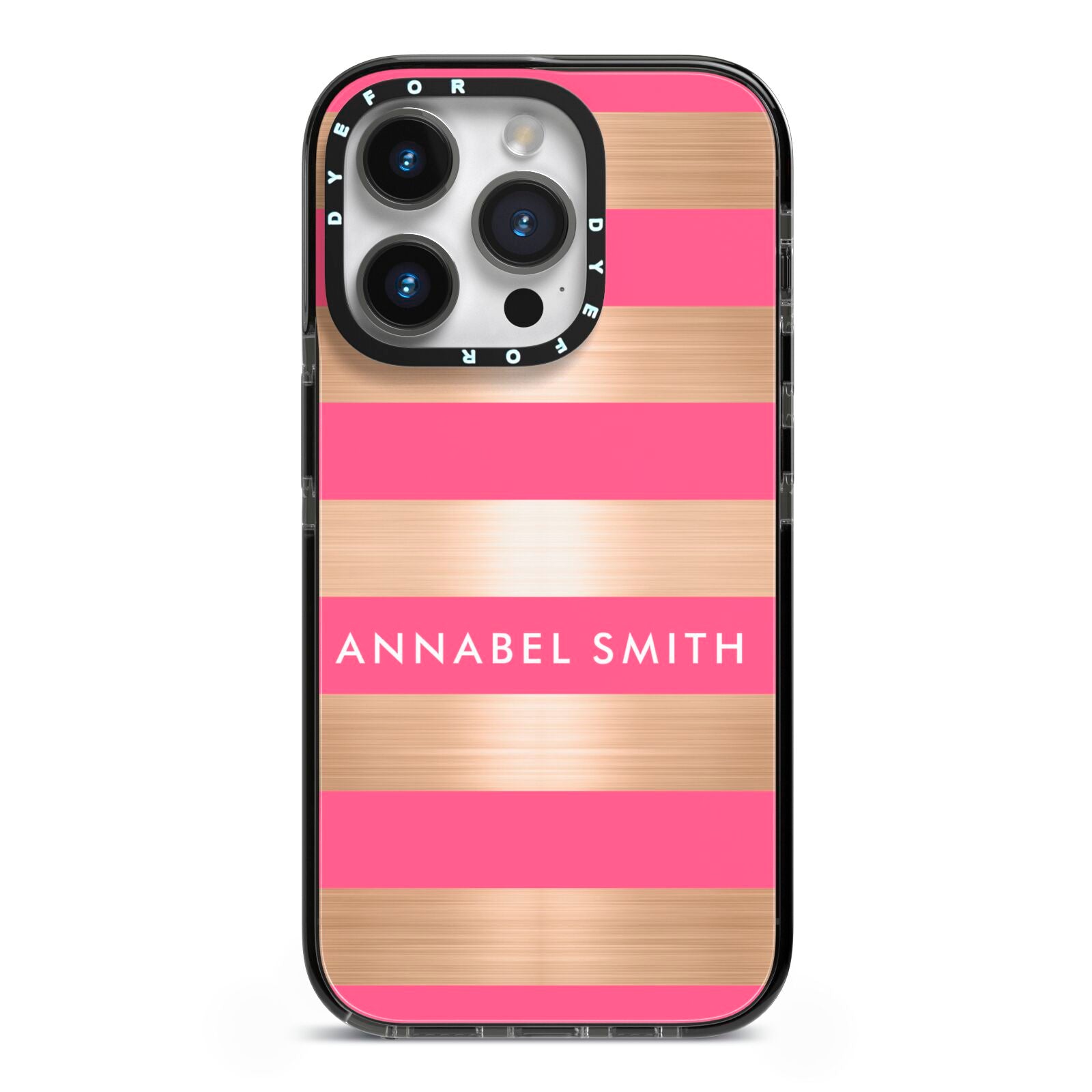 Personalised Gold Pink Stripes Name Initial iPhone 14 Pro Black Impact Case on Silver phone