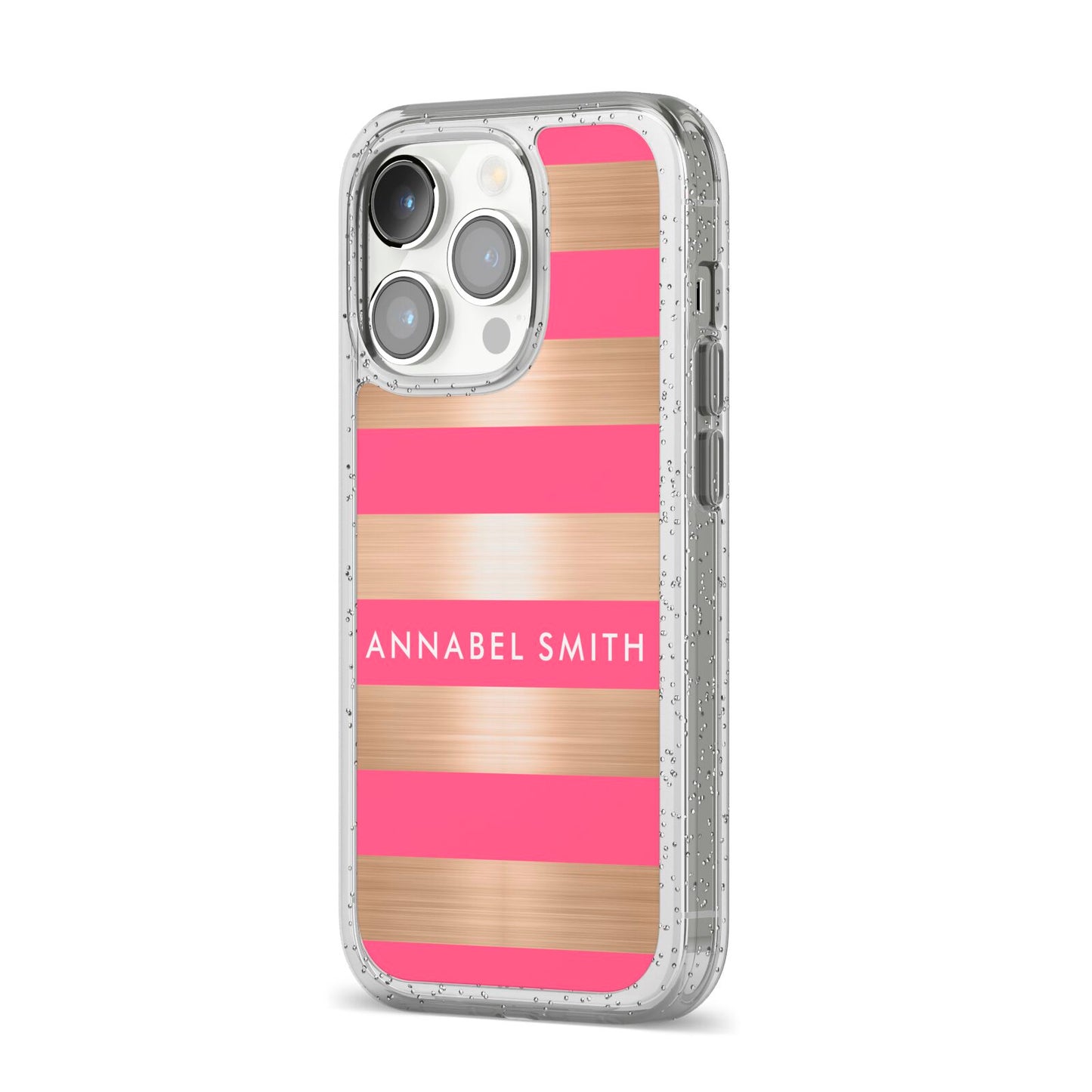 Personalised Gold Pink Stripes Name Initial iPhone 14 Pro Glitter Tough Case Silver Angled Image