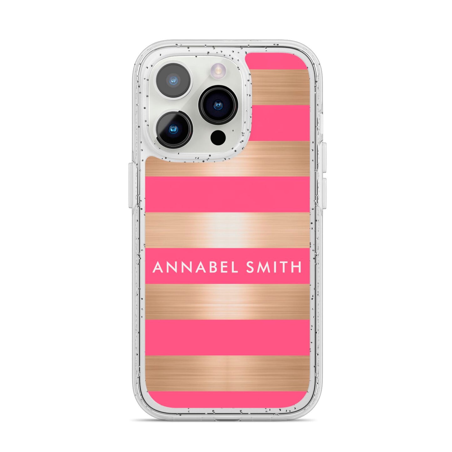 Personalised Gold Pink Stripes Name Initial iPhone 14 Pro Glitter Tough Case Silver