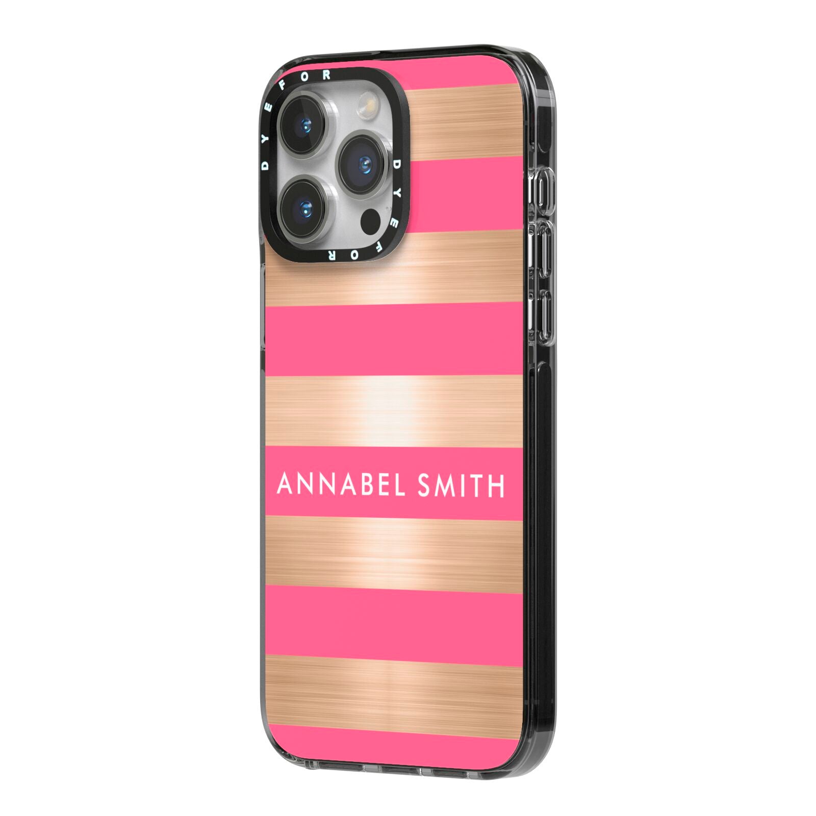 Personalised Gold Pink Stripes Name Initial iPhone 14 Pro Max Black Impact Case Side Angle on Silver phone