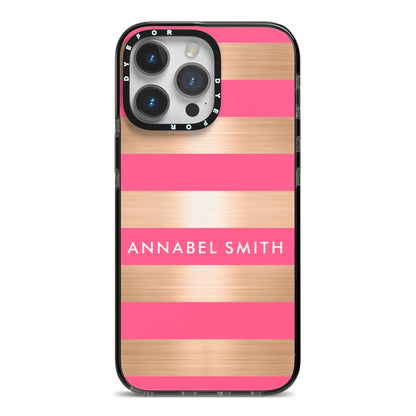 Personalised Gold Pink Stripes Name Initial iPhone 14 Pro Max Black Impact Case on Silver phone